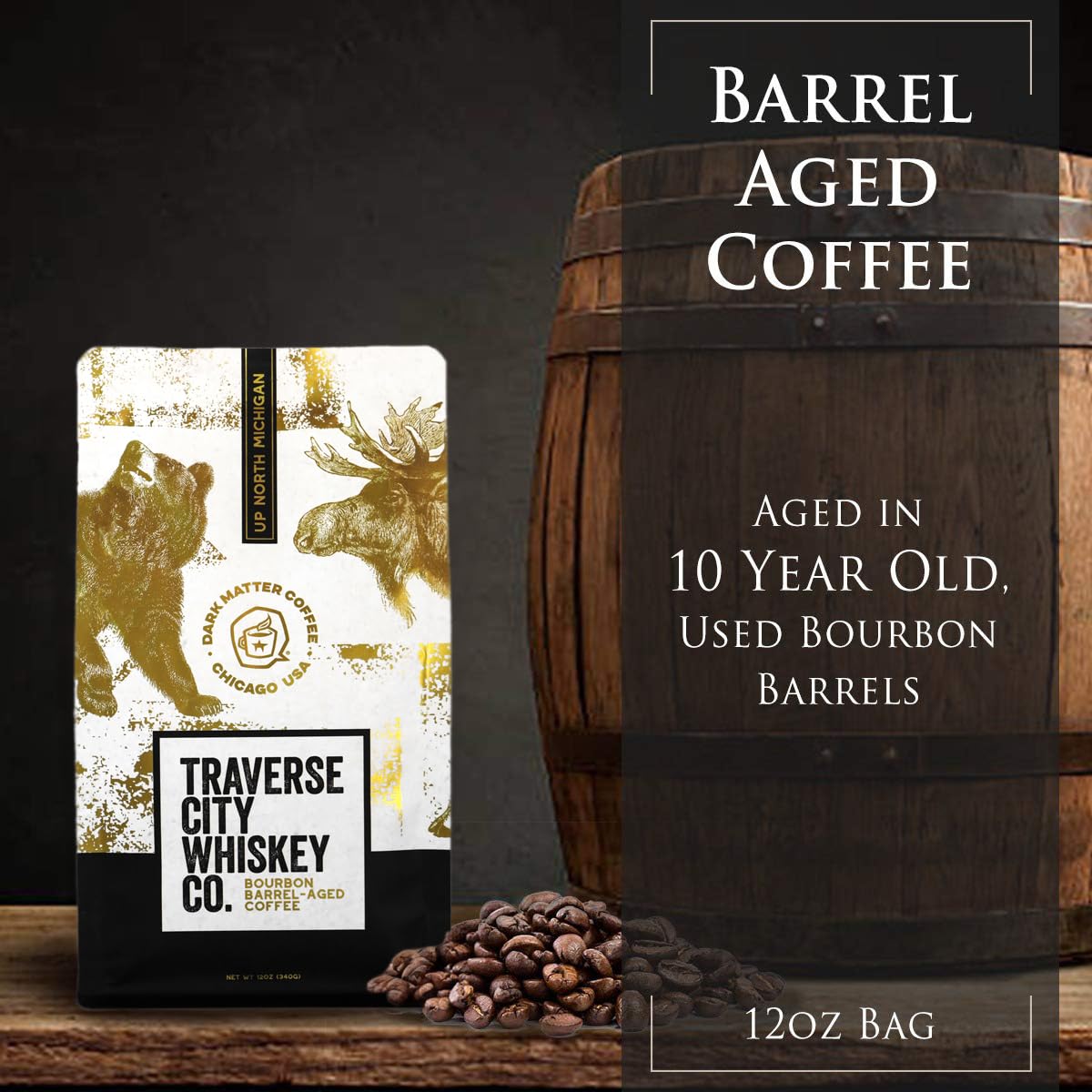 Traverse City Whiskey Co. Barrel Aged Coffee | Stillhouse Blend Aged in 10 Year Old Bourbon Barrels | Medium Roasted Beans for a Bold and Smooth Taste | 12oz
