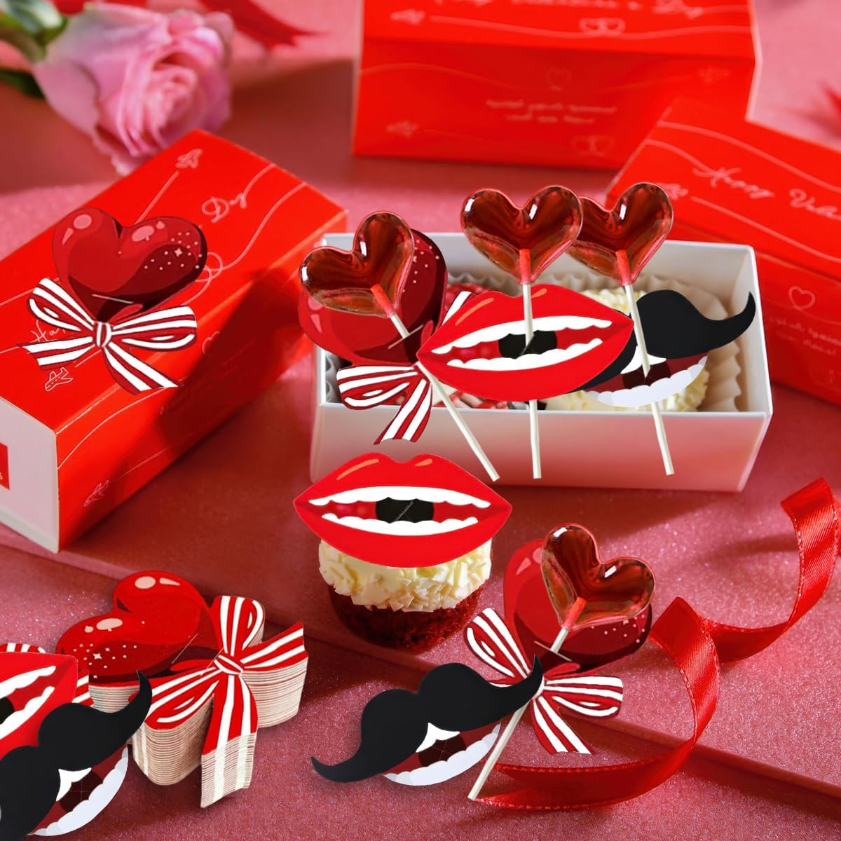 150 Pcs Valentine's Day Lollipop Paper Cards Red Heart Bow Lips Mustache Candy Card Holder Sugar-Loaf Candy Gift Package Wrapping Decor for Valentines Wedding Holiday Party Supplies DIY Decoration