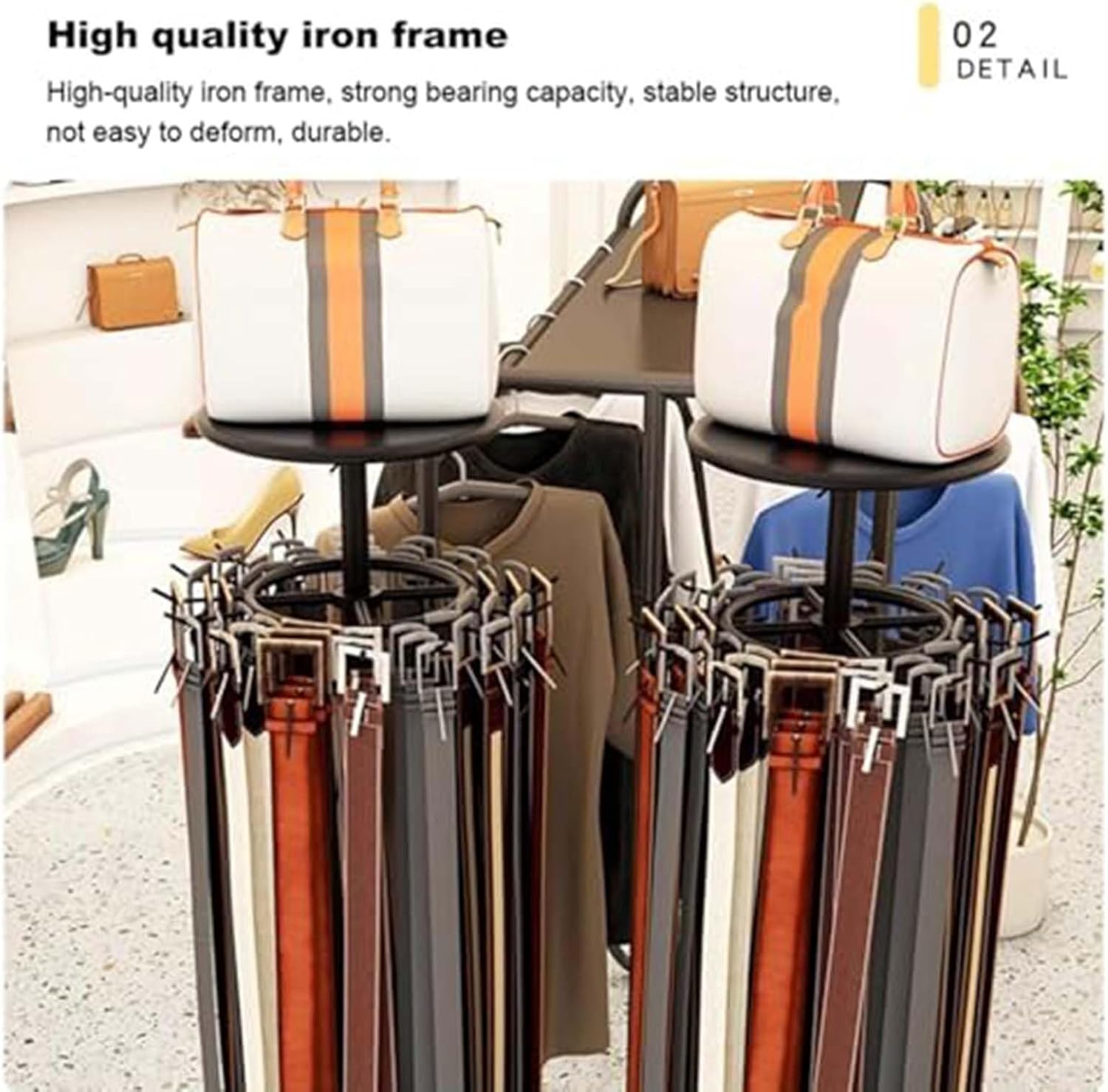 Tie Display Stand, Freestanding Coat Rack, Stand 360° Swivel for Storing Coats and Ties Coat On Wheels, with Bottom Storage Basket, for Gift Shop/Clothing Store(Black)