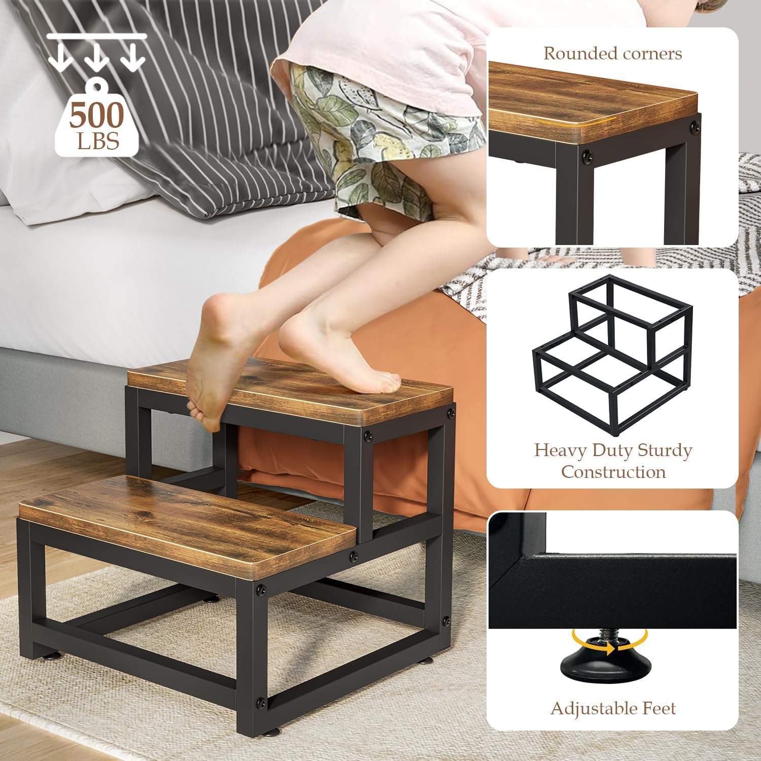 Marche Pied en Bois, Petit Tabouret Bas, Marche Pied Enfant sécurisé, marchepied Bois antidérapant, escabeau Enfant pour Salle de Bain, Chambre et Balcon, Pratique et Stable, 2 Niveaux