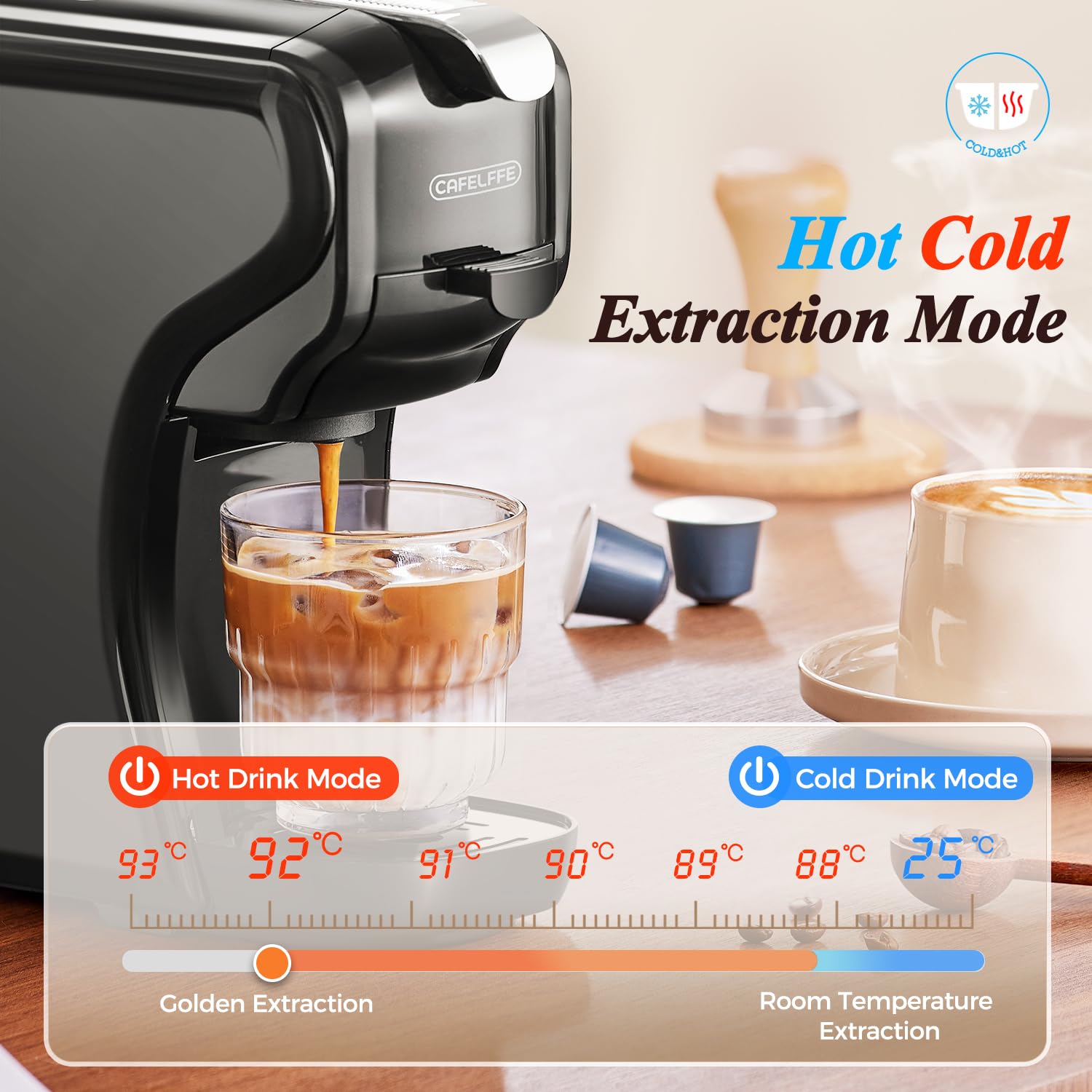 CAFELFFE MK-611 3-w-1 ekspres do kawy, 19 bar automat do parzenia kawy gorącej i zimnej na NES/DG/kawę mieloną, wysokość na duże filiżanki (czarny)