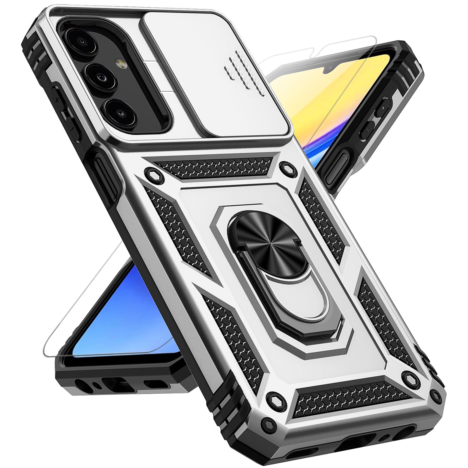 for Samsung Galaxy A15 5G Case with Slide Camera Cover HD Screen Protector [Military Grade 16ft. Drop Tested] Magnetic Ring Holder Kickstand