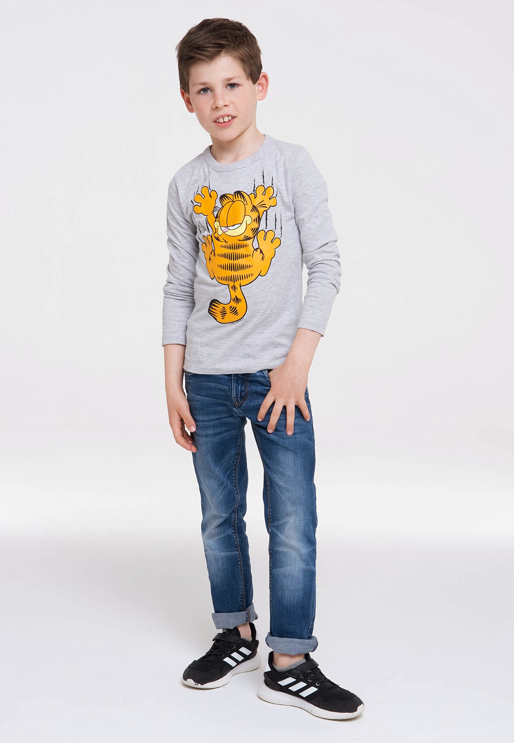Logoshirt® Garfield I Kater Garfield I Langarmshirt Print I Kinder I Mädchen & Jungen I grau-meliert I Lizenziertes Originaldesign I Größe 116