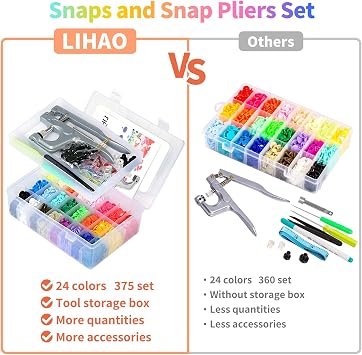 LIHAO Snaps and Snap Pliers Set, 375 Sets T5 Plastic Buttons for Sewing and Crafting