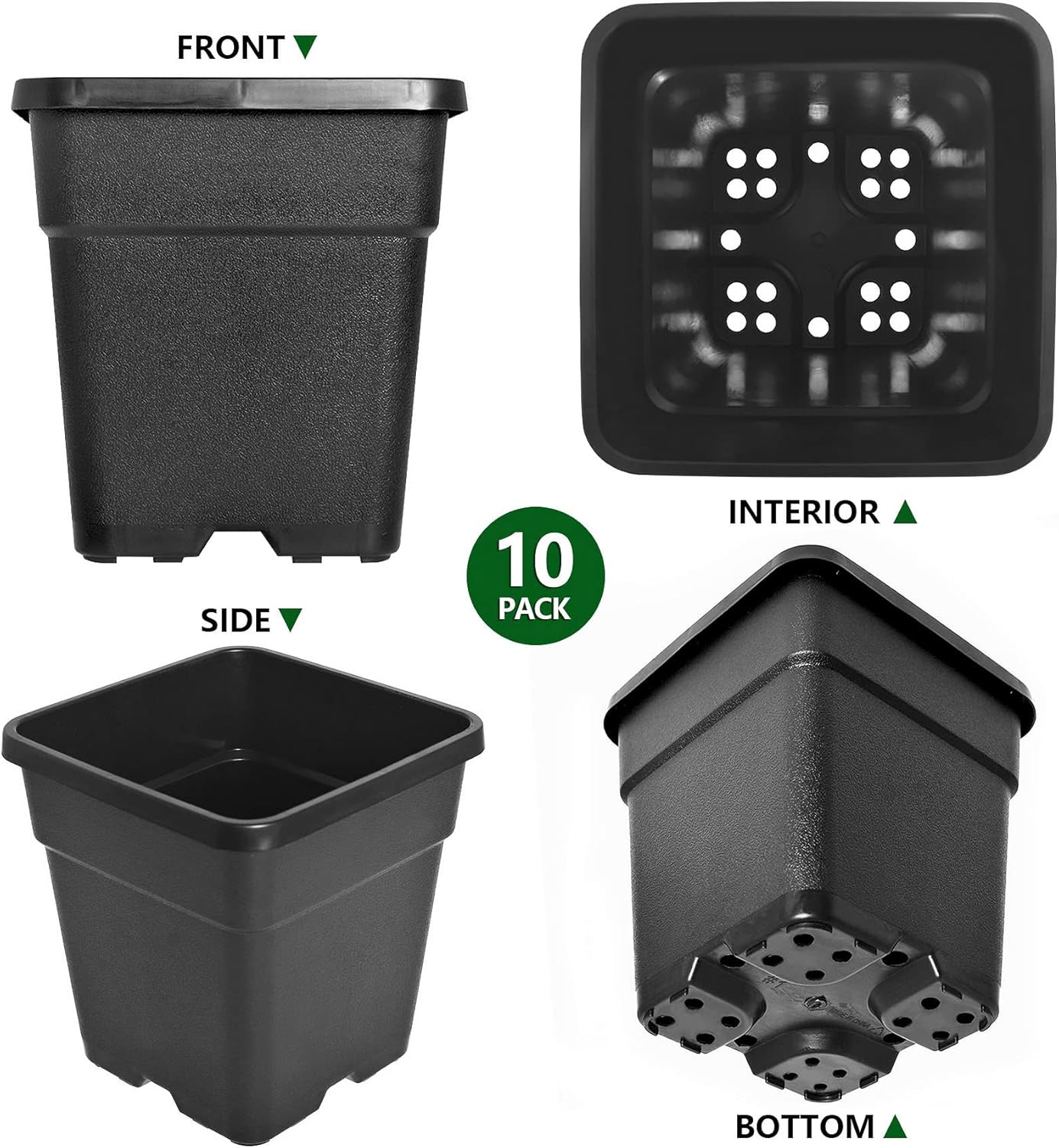 waltyotur 10PCS 3 Gallon Square Durable Planter Nursery Pots, Injection Molded Plastic Plant Container Garden Planter Pots for Indoor Outdoor Plants Flower Vegetables, Black