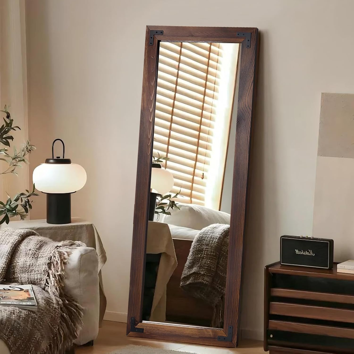 55"x22" Full Length Mirror with Wooden Frame，Natural Wooden Standing Mirror, Solid Wood Frame, Hanging or Leaning Wall-Mounted, Suit for Farmhouse, Living Room, Bedroom (Dark Brown)