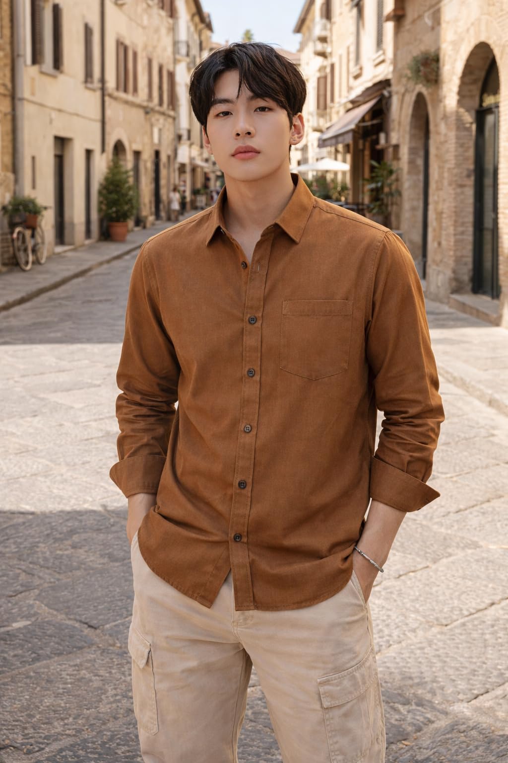 Men's Long Sleeve Dress Shirt,Warm Brown, Button Down, Chest Pocket, Casual Formal Wear-picture-20