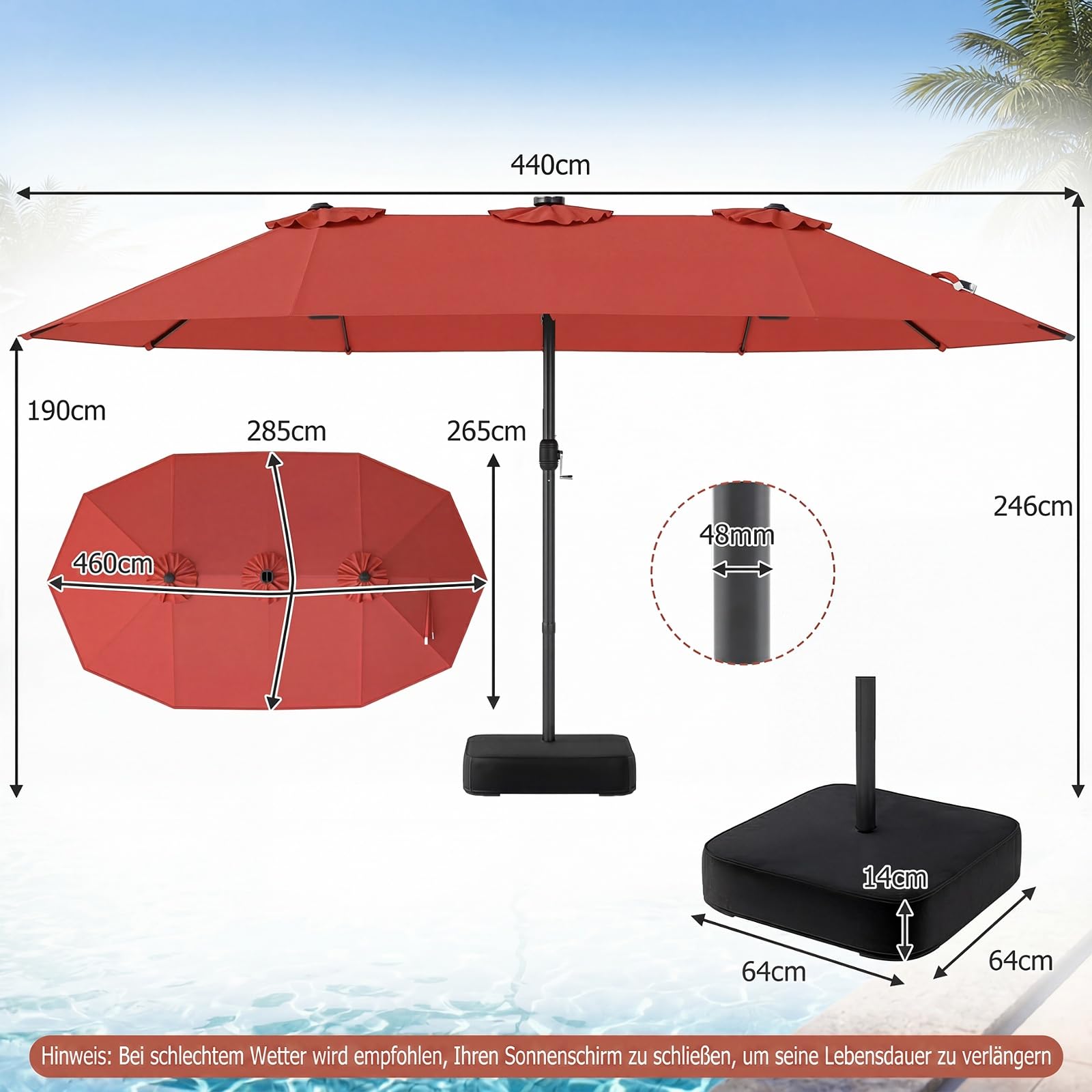 RELAX4LIFE Doppelsonnenschirm mit Ständer & LED-Solar-Beleuchtung, 450 x 260 cm, extra großer Sonnenschirm, UPF 50+, Gartenschirm mit Kurbel, Marktschirm Sonnenschutz für Garten & Terrasse (Orange)