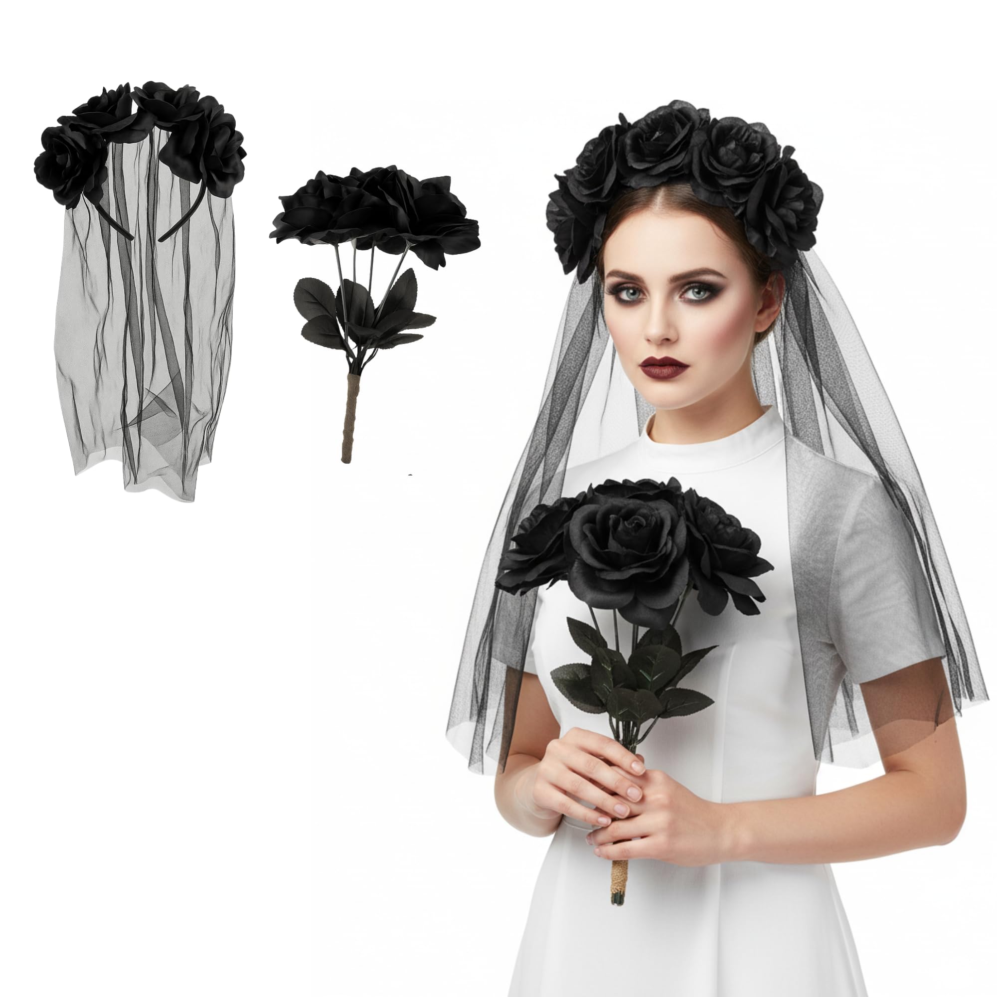 Ladies Gothic Corpse Bride Veil & Black Roses Flowers Bouquet Halloween