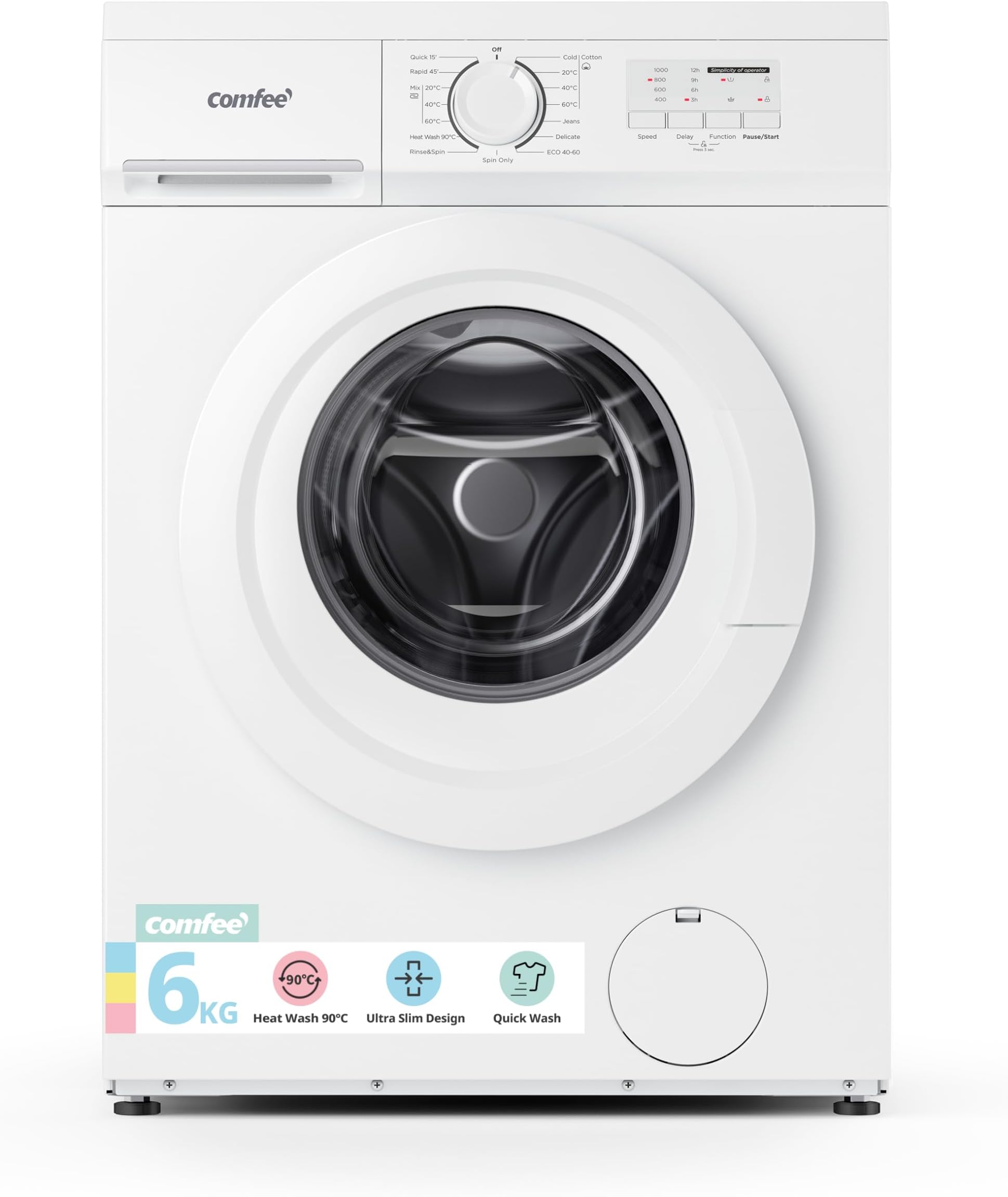COMFEE' Freestanding Washing Machine,6KG Load,Heat Wash 90℃,Quick Wash,15 Washing Programs,White-CFE10EW60/W