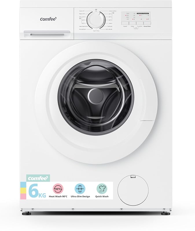 COMFEE' Freestanding Washing Machine,6KG Load,Heat Wash 90℃,Quick Wash,15 Washing Programs,White-CFE10EW60/W