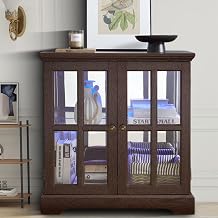 LED Small Curio Cabinets with Glass Doors - Vintage Storage Bookshelf with Adjustable Shelves, Retro Home Decor Display Showcase for Living Room, Office, Kitchen, Home Bar Cherry