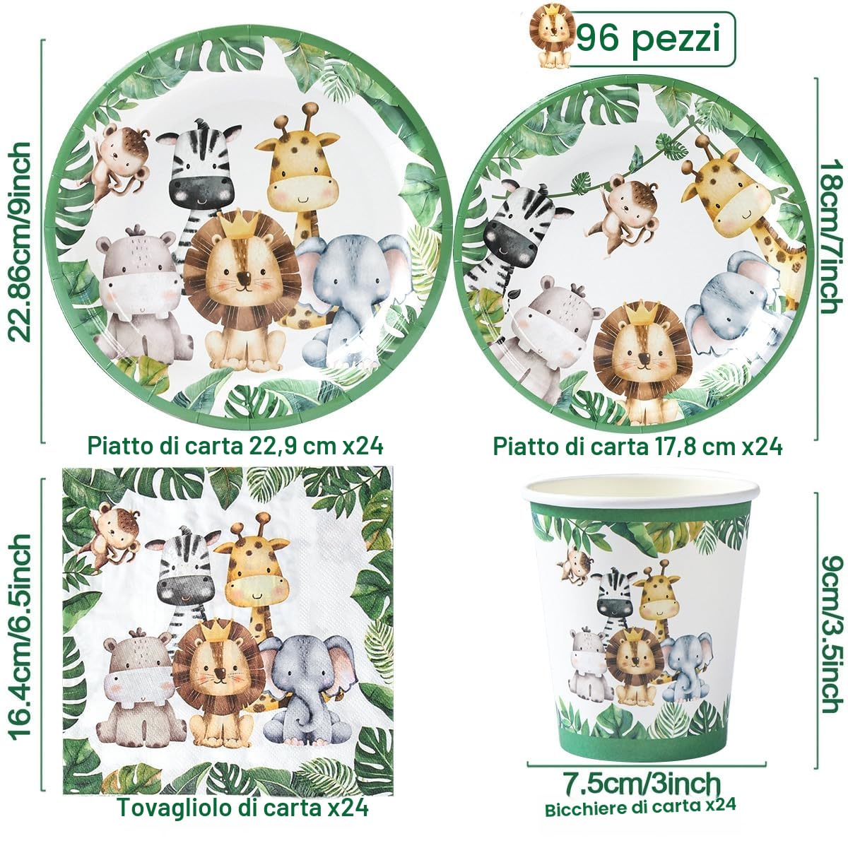 Stoviglie per Feste Animali Giungla 24 Ospiti - 96 pezzi Set da Tavola per Feste a Tema Jungle, Stoviglie per Feste di Compleanno per Bambini Compleanno Animali Piatti di Carta Tovaglioli Bicchieri