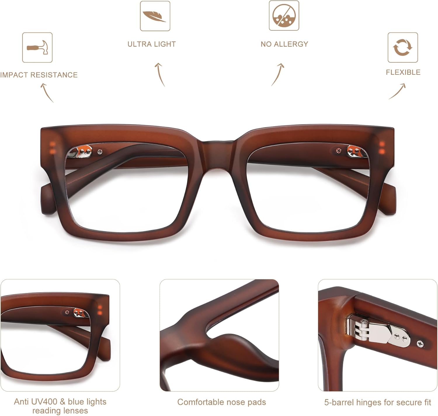 AMOMOMA Retro Square Reading Glasses for Women,Men,Blue Light Blocking Computer Readers TR90 AM6137 - Image 4