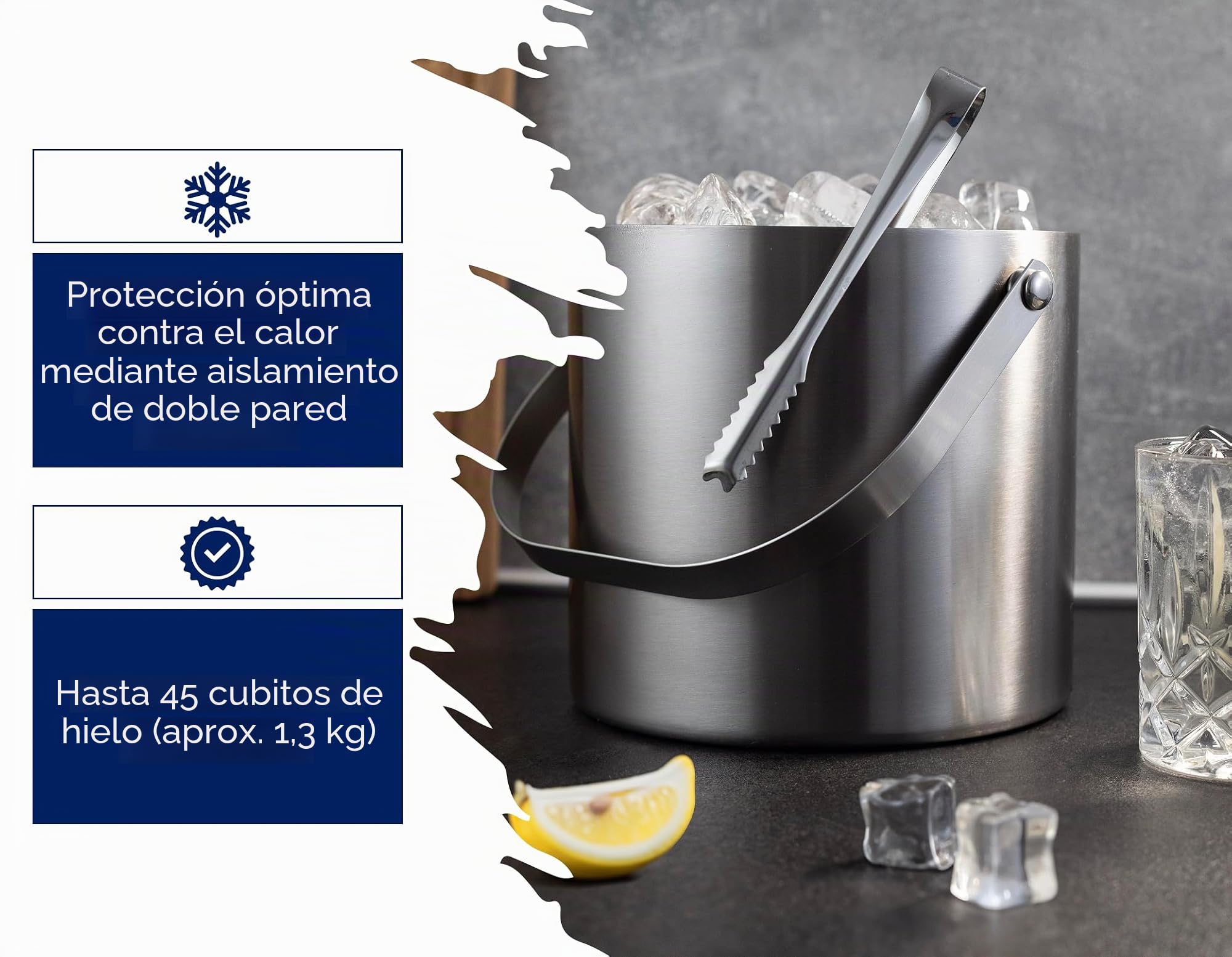 Hanseküche Cubitera grande de 3 l, incluye tapa, pinzas y doble base, acero inoxidable 304, doble pared, aislado, efecto térmico muy largo, ideal para mantener el frío durante mucho tiempo