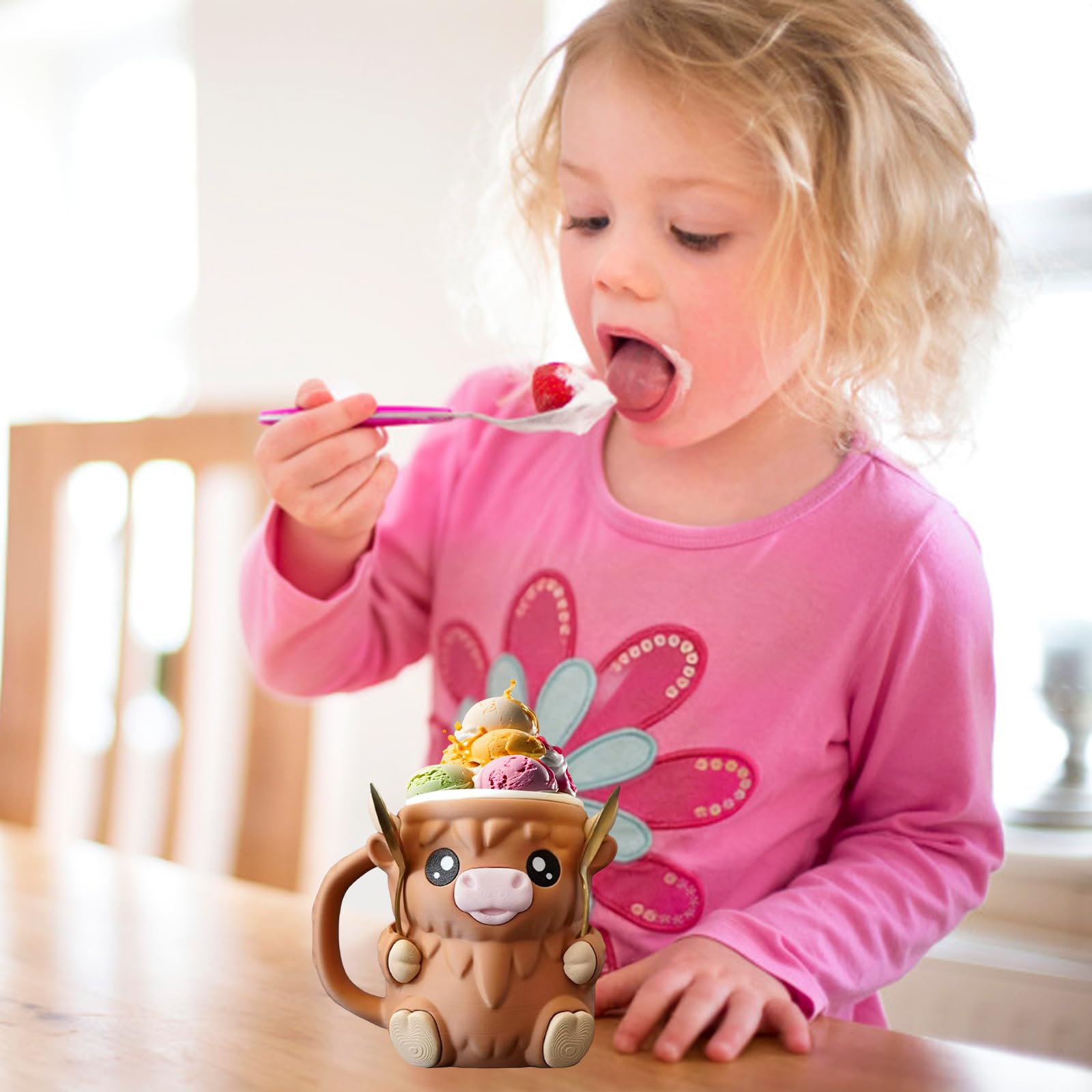 Porta Gelato Highland Cow con Cassetto Segreto, Supporto per Pinta di Gelato & Decorazione, Include 2 Cucchiai, Ideale per Casa, Picnic, Festa & Campeggio