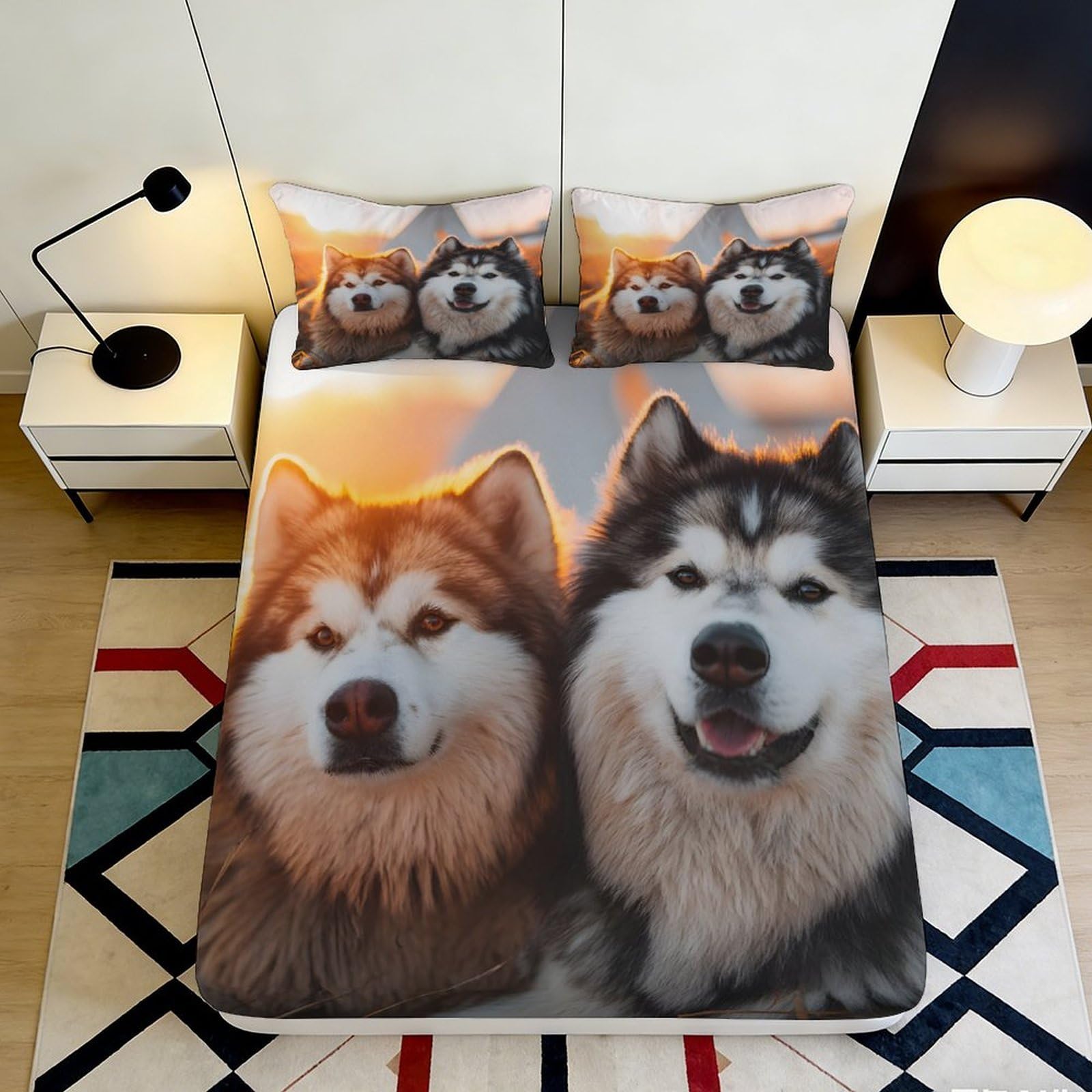 3D Printed Husky Dog Fitted Sheet Microfiber Soft Bedroom Decor Wolf Animal Mattress Cover for Home Guest Room 90x200x25cm