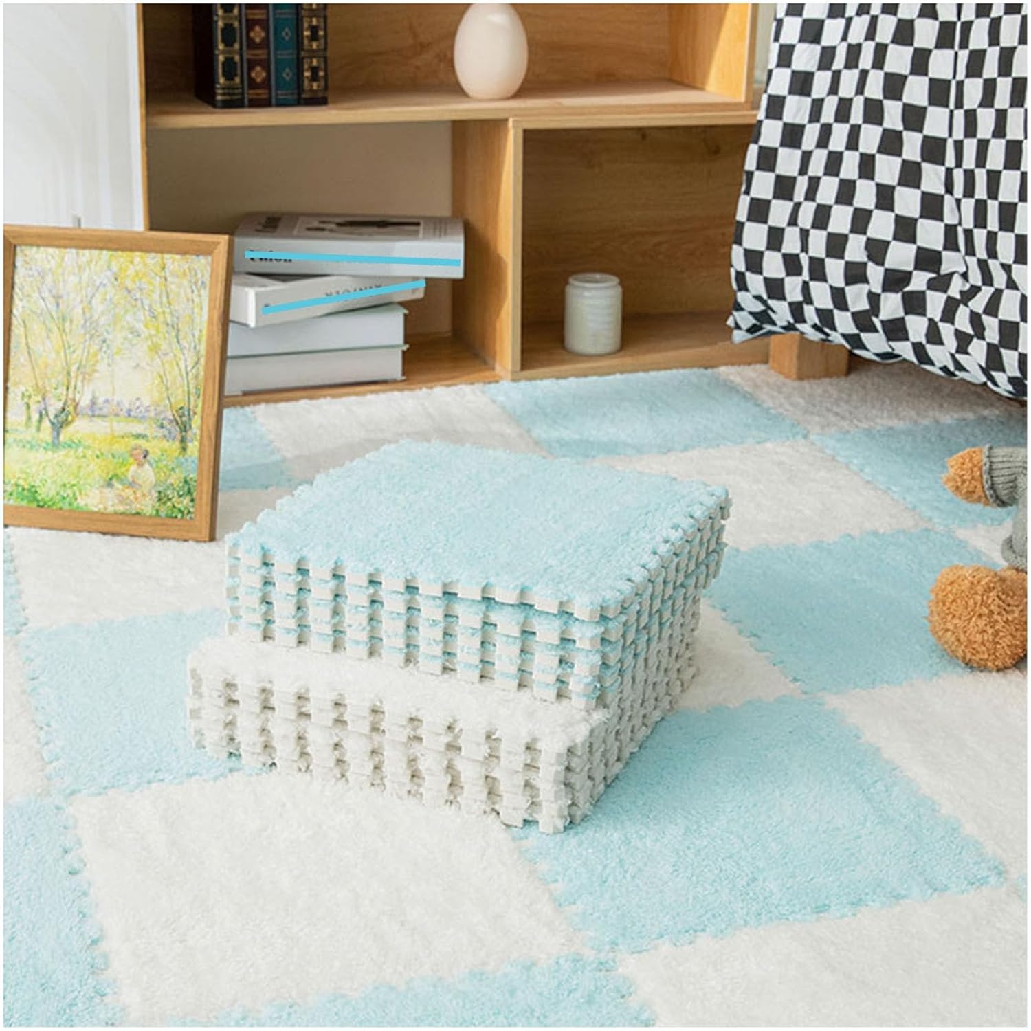 LoiYtrd 10pcs Plush Foam Interlocking Floor Mat DIY Cuttable Foam Mat Tiles 30x30x1cm Fuzzy Carpet Tiles(White+Light Blue)