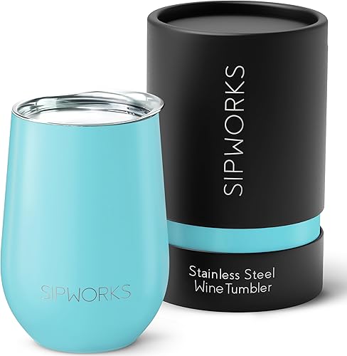 Sipworks Vaso de vino con tapa, vasos de acero inoxidable de 12 onzas con tapa extraíble y aislamiento al vacío de doble pared, a prueba de fugas,