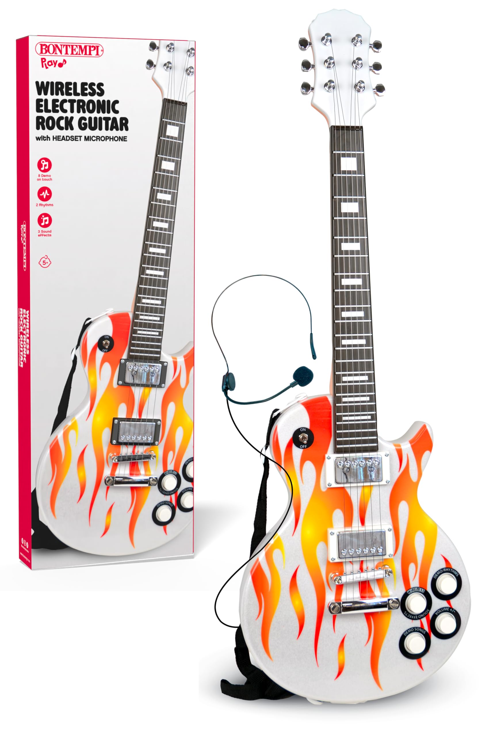 BONTEMPI - Guitarra Rock Electrónica Inalámbrica con Cuerdas de Metal, 8 Pistas Pregrabadas, Micrófono de Auriculares, Correa Bandolera, Apagado Automático 690mm