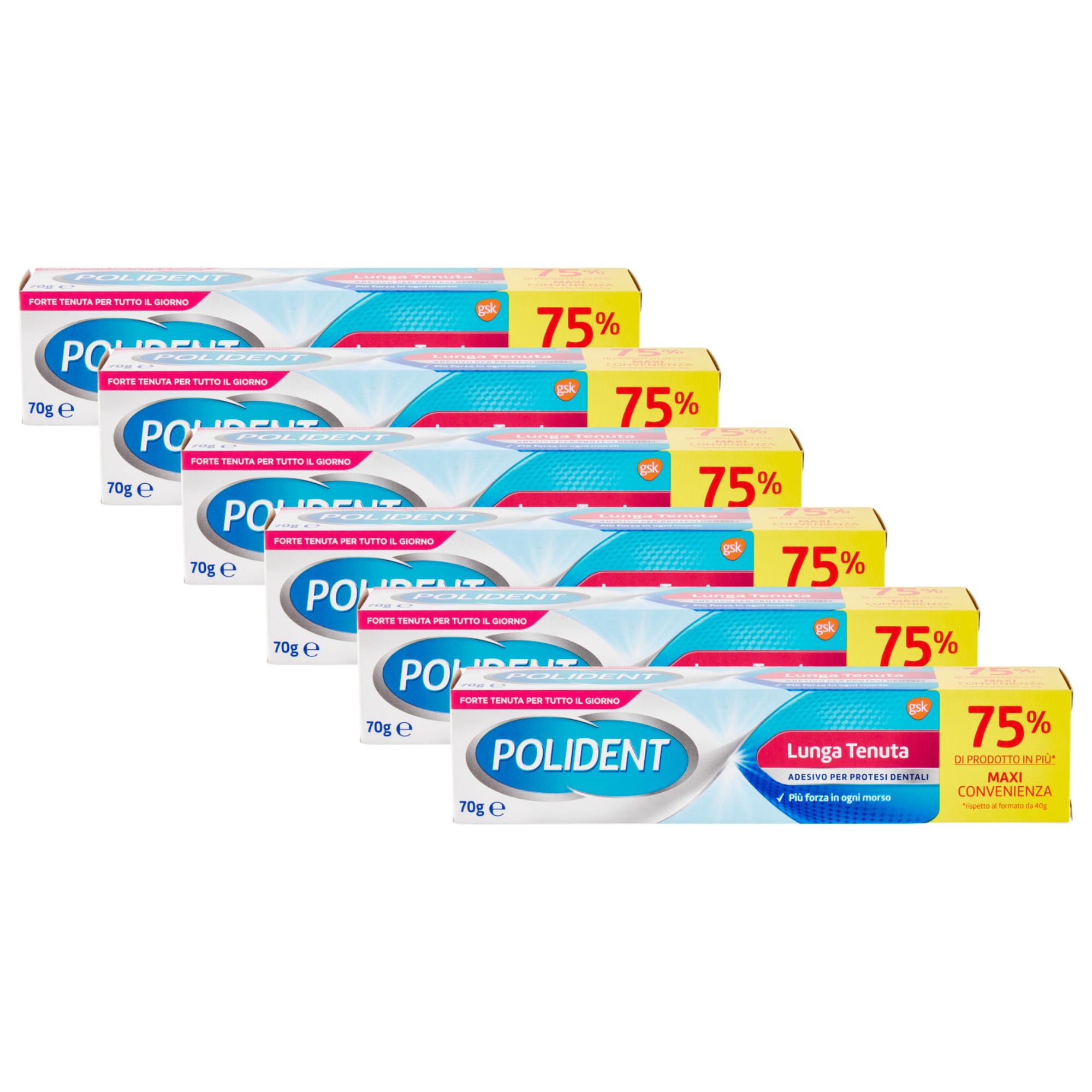 Adesivo Per Apparecchi Dentali, LUNGA TENUTA. Più Forza In Ogni Morso. Forte Tenuta Per Tutto Il Giorno 70g (6 Confezioni)