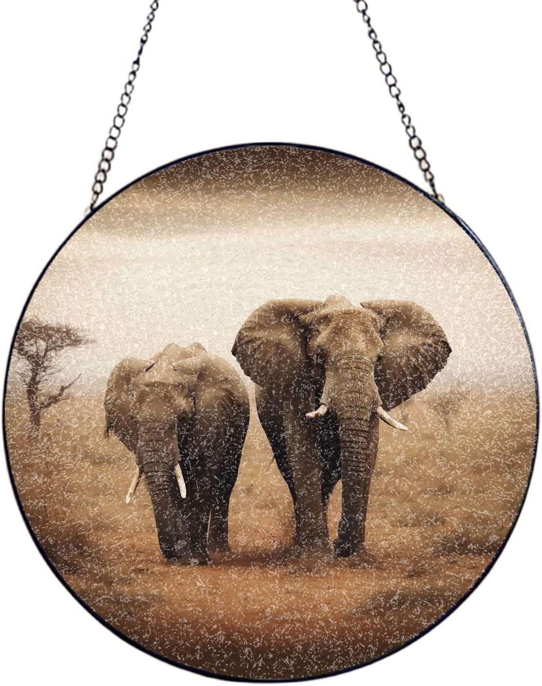Stained Glass Window Hanging 6in（15cm）, Wild Animals Elephants Glass Suncatcher for Home Decor, Indoor Wall Art Glass Panel with Metal Chain and Hooks, Sun Catcher Ornament Birthday Gifts