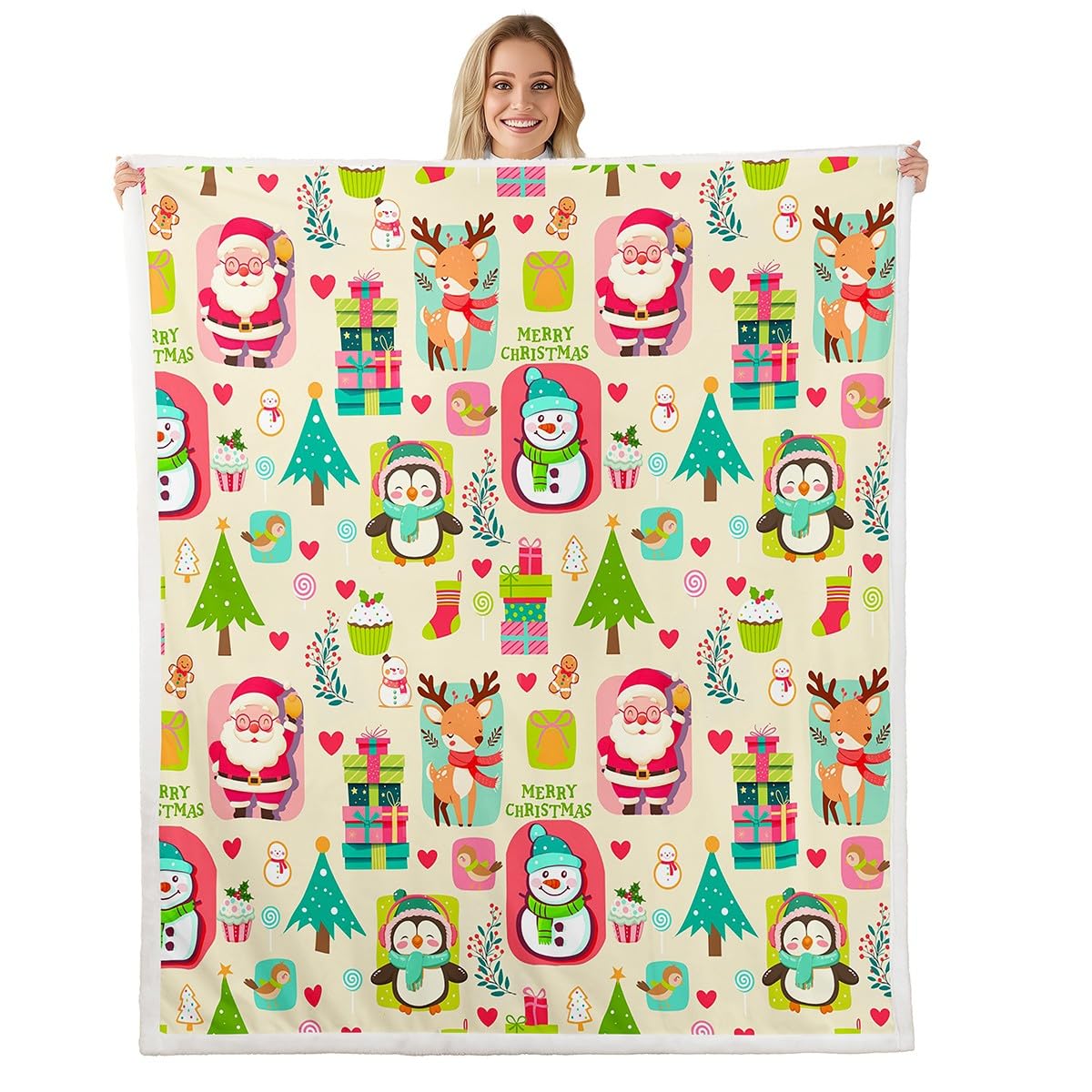 Feelyou Christmas Comforter Cover Cartoon Santa Claus Snowman Flower Fleece Throw Blanket Cute Penguin Deer Sherpa Blanket for Bed Sofa Couch
