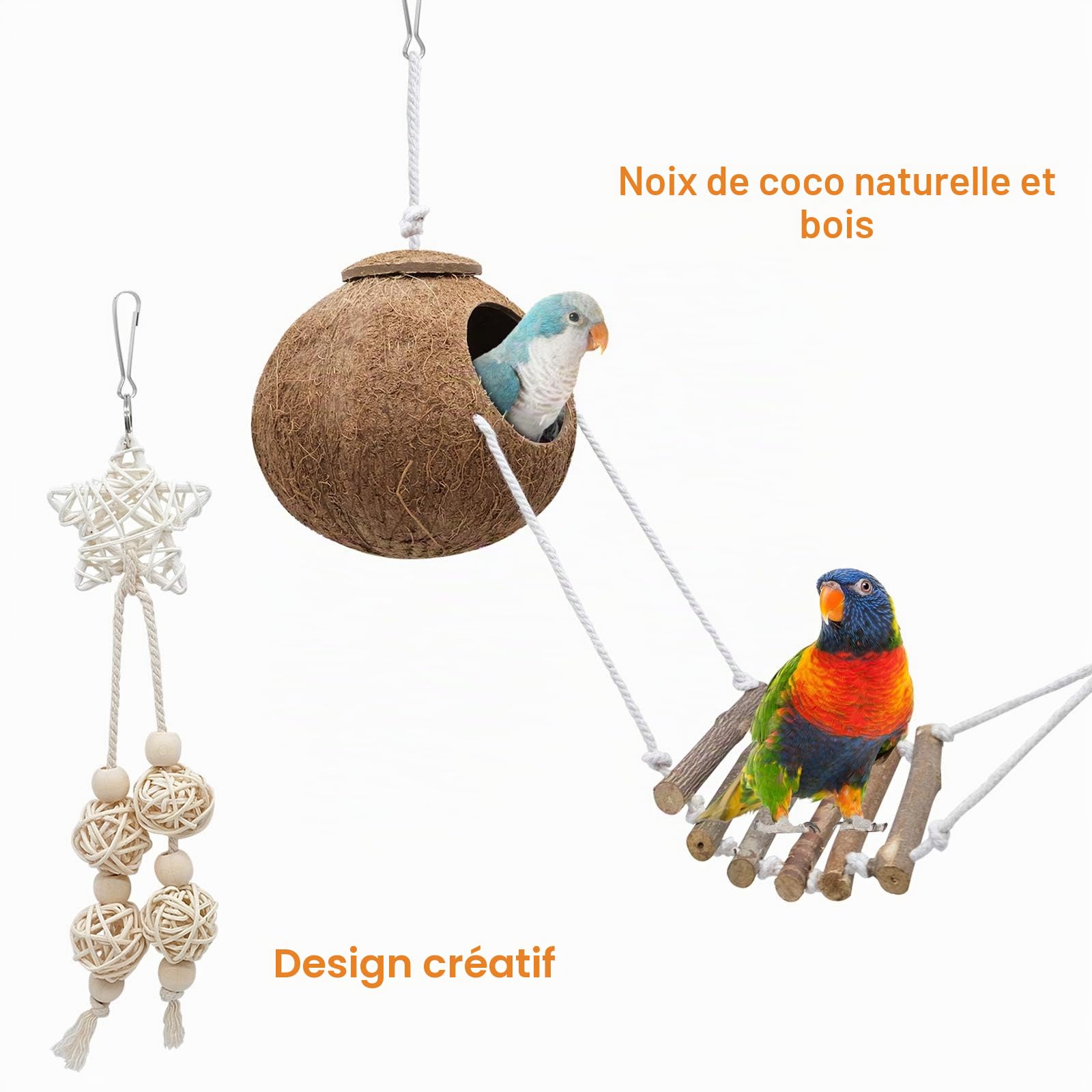 Oiseau Perroquet Jouets 7 Pcs, Cage À Noix De Coco Naturelle avec Échelle, Hamac d'escalade À Balançoire