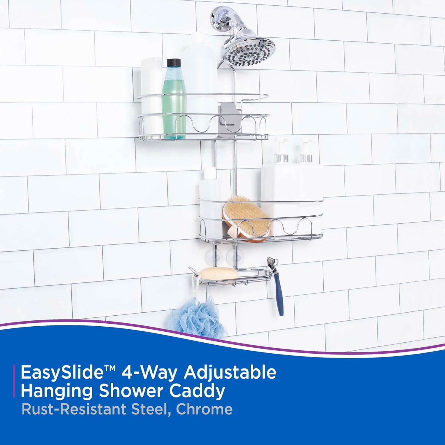 Kenney KN614124 Easy Slide 4-Way Adjustable Shower Caddy, 25.5" L x 12.25" W x 5" D Rust-Resistant Configurable Metal 2-Shelf Hanging Caddy with Soap Dish, Suction Cups and Razor Holders, Chrome