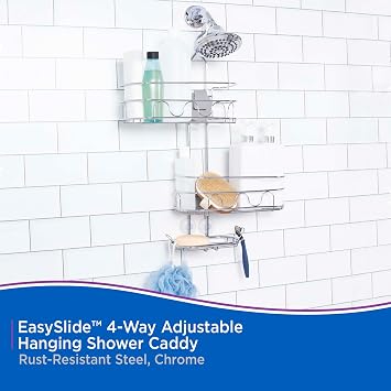 Kenney KN614124 Easy Slide 4-Way Adjustable Shower Caddy, 25.5 L x 12.25 W x 5 D Rust-Resistant Configurable Metal 2-Shelf Hanging Caddy with Soap Dish, Suction Cups and Razor Holders, Chrome