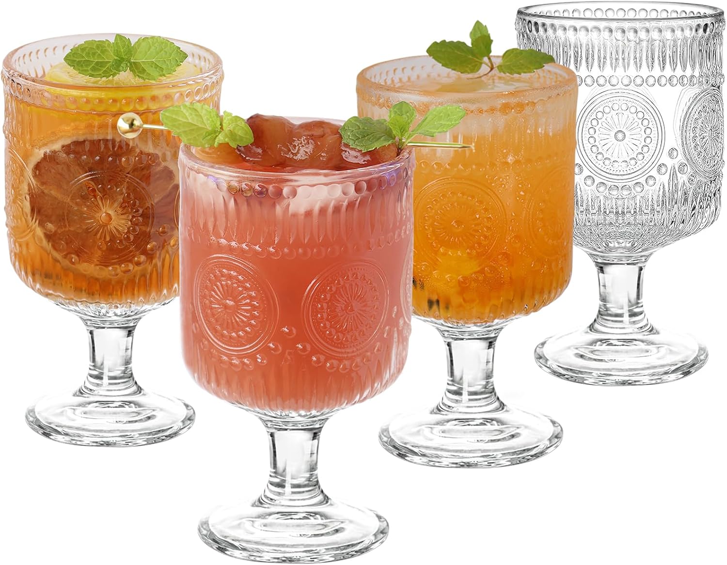 Vintage Goblet Glasses Set of 4, Embossed Floral Cocktail Drinking Glasses