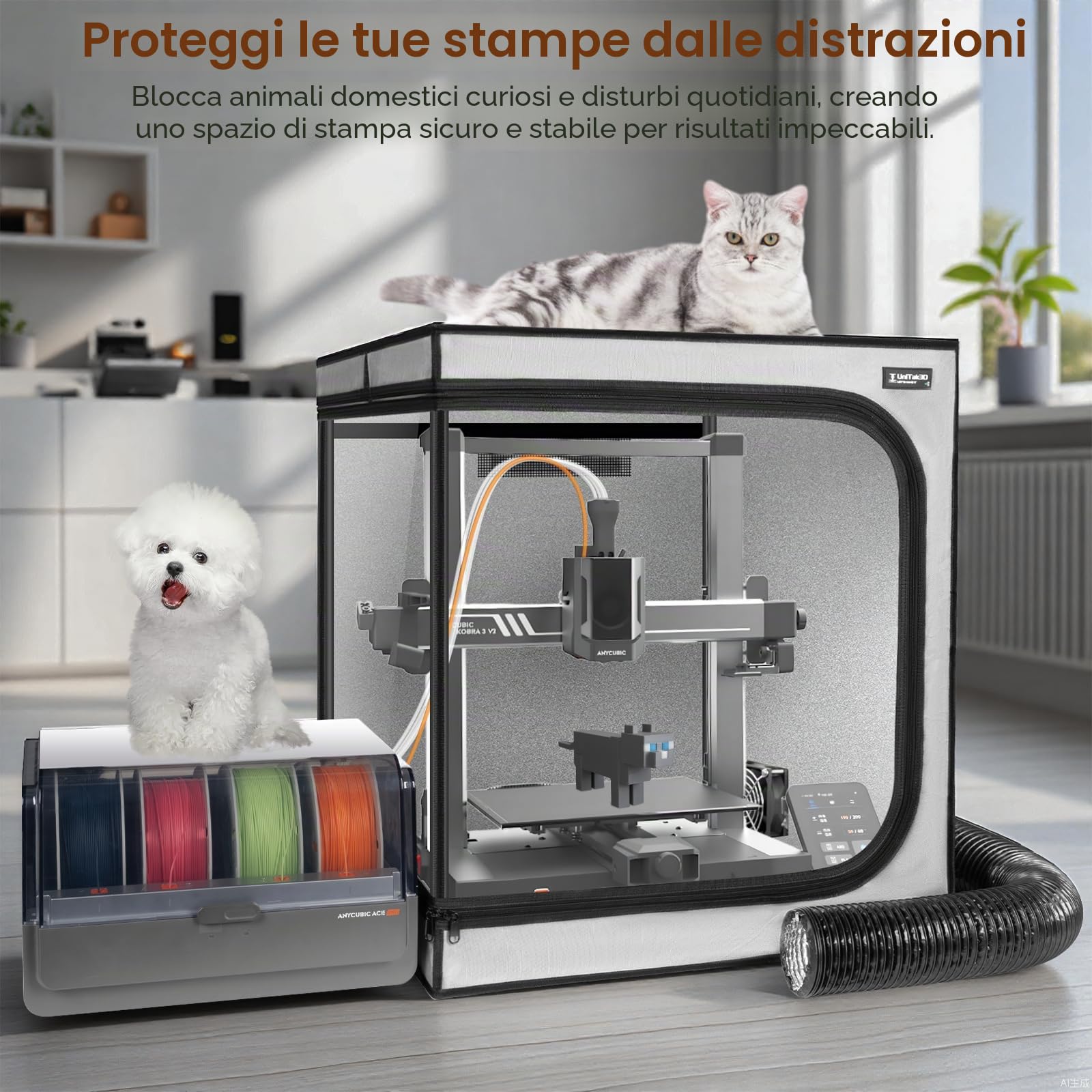 Aggiornamento Custodia per Stampante 3D con Kit Ventilazione Compatible with Anycubic Kobra 3/3 V2 Combo/Flashforge AD5X, Luce LED, Temperatura Costante Copertura per Stampante 3D-580 * 650 * 650mm