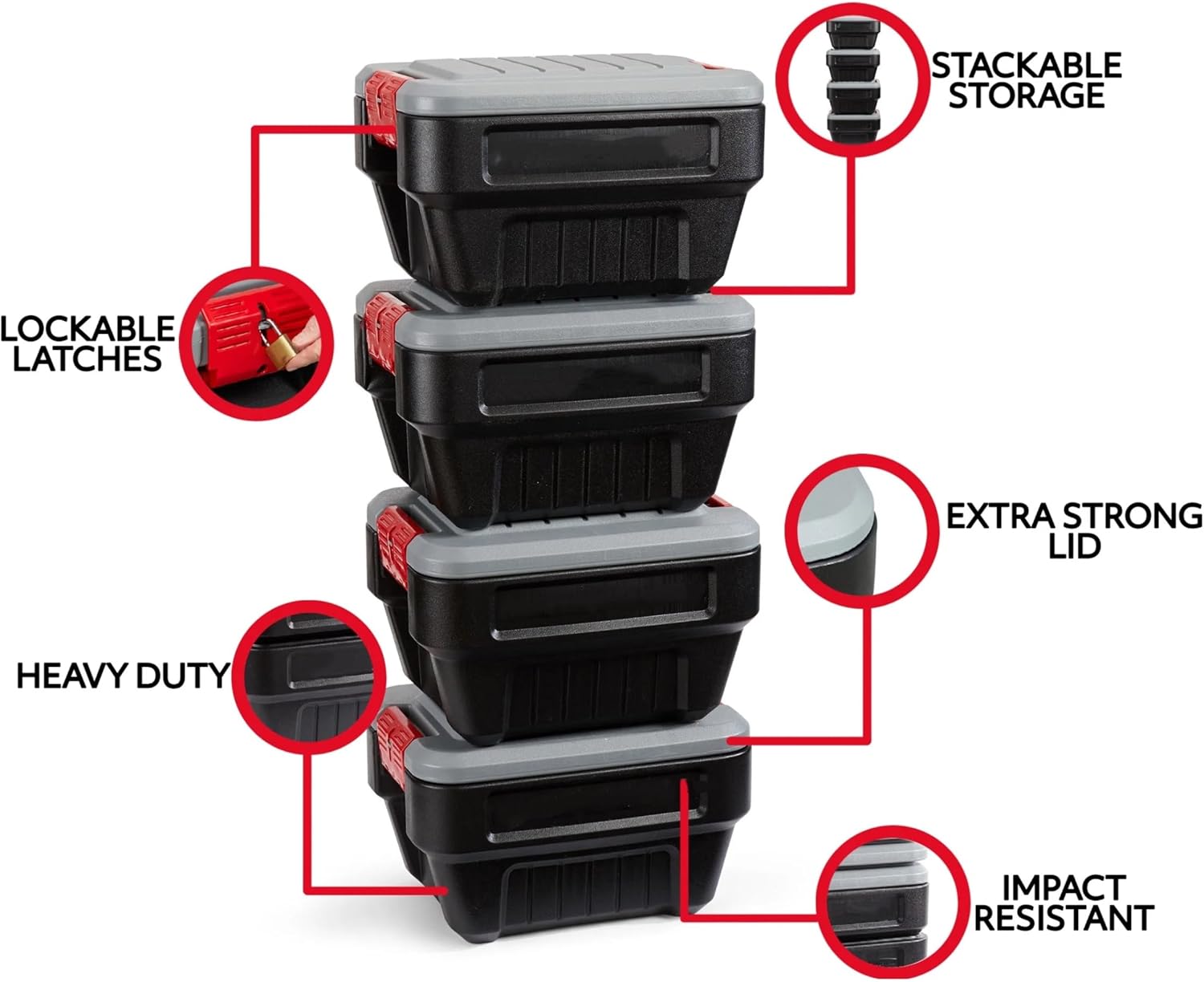 8 Gal Action Heavy Duty Storage Box, Weather-Resistant & Impact Resistant, Lockable Latches, Stackable, for Car, Outdoor, Industrial Use, Black optimizing storage space.