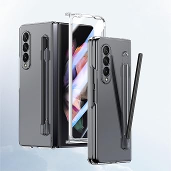 for Samsung Galaxy Z FOLD 3 Case with S Pen and Screen Protector Frosted Z FOLD 3 Phone Case with S Pen Holder One-piece Protective PC Wireless Charging Case for Galaxy Z FOLD 3 - Clear