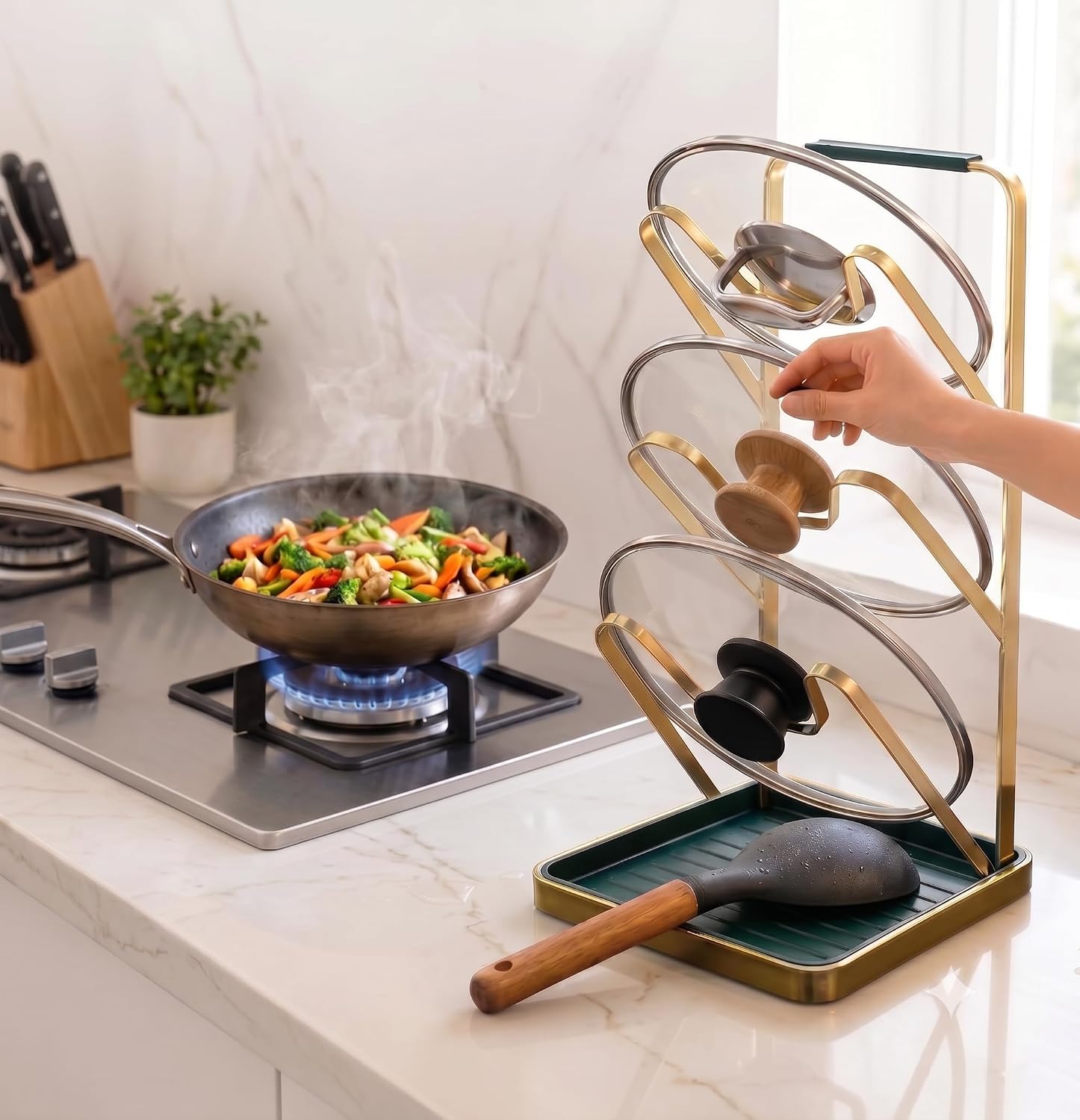 Spoon Rest with Lid Holder, 3-Tier Pot Lid Holder While Cooking, Countertop Organizer with Detachable Drip Tray, Pot Cover Rack for Stove Top, Gold/Dark Green