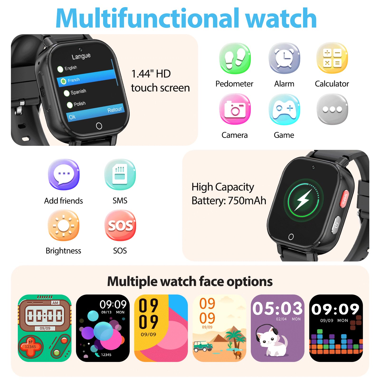 Alutoria Smartwatch für Kinder-Uhr mit GPS und Telefon 4G Videoanrufen Sprachchat Schrittzähler Kamera SOS Schulmodus Wecker–Uhr für Mädchen und Jungen von 4–12 Jahren Geschenk Schwarz