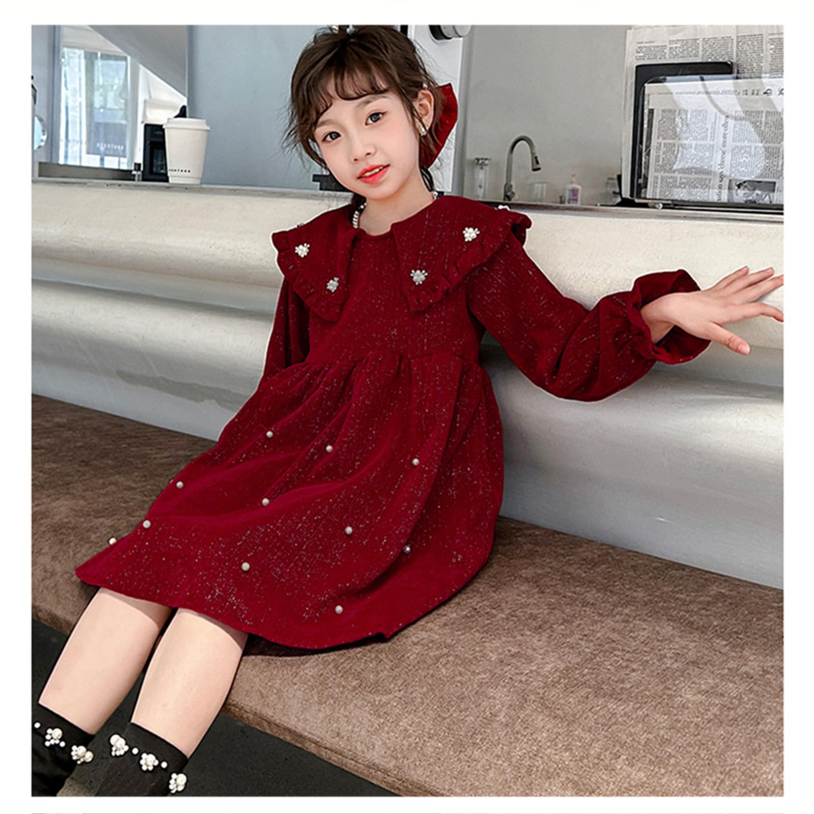 Robes À Manches Longues pour Filles en Velours Côtelé avec Revers Épais Décoration De Perles Ligne A Robe d'automne Et d'hiver pour Enfants,Rouge,L