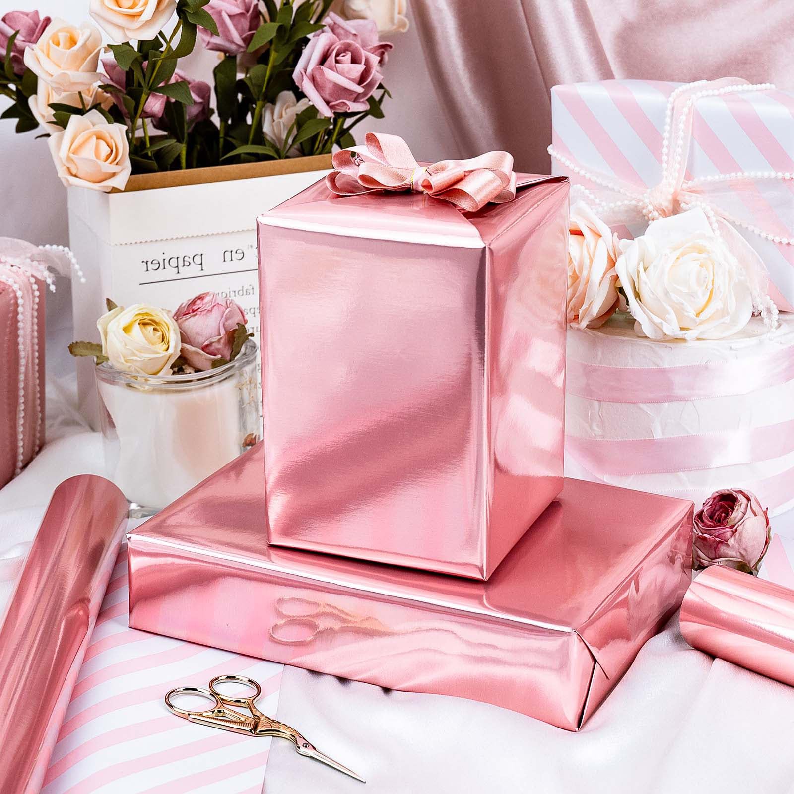 Wikadlik Mini Geschenkpapierrolle, metallisiertes Rosa, Streifen, beidseitig verwendbar, für Geburtstage, Valentinstag, Muttertag, Babyparty, Hochzeiten, 43 cm x 10 m