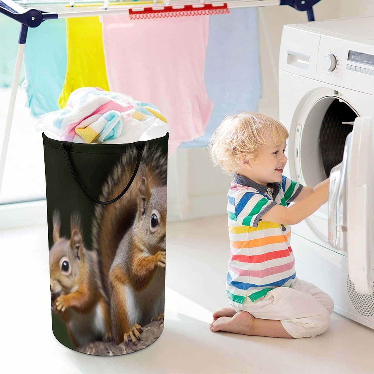 Large Laundry Hamper with Handle Waterproof Laundry Basket Collapsible Dirty Clothes Hamper Squirrel Animal Laundry Bag for Clothes Toys in Bedroom 15.7x27.2 In