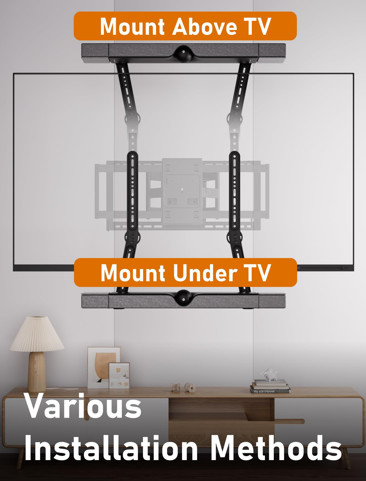 KAMIWI Soporte de barra de sonido para montaje por encima o debajo de televisores, soporte de barra de sonido para TV con brazos giratorios ajustables de 180 grados para una máxima compatibilidad, se