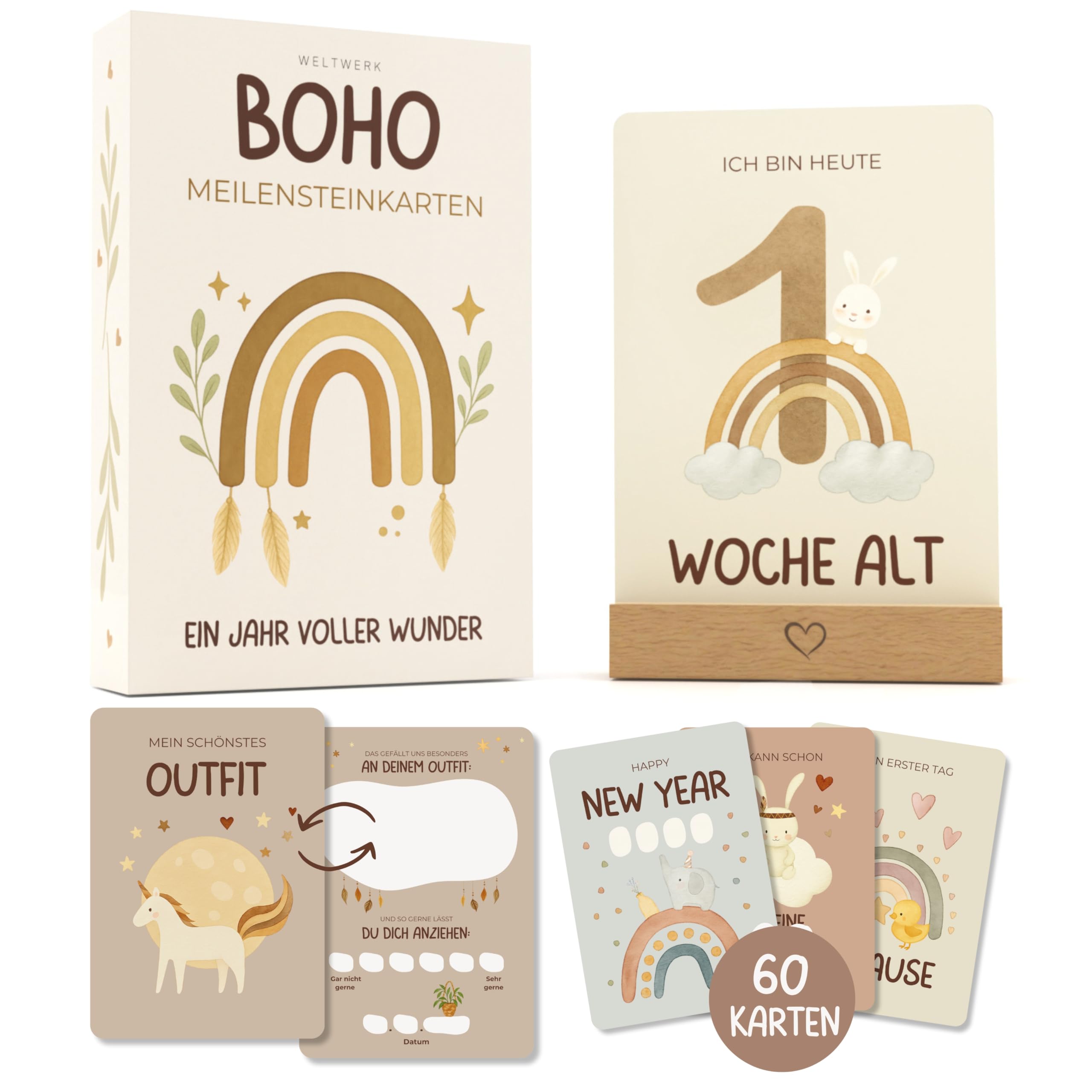 WELTWERK Meilensteinkarten Baby [Boho] 60 Monatskarten mit beschreibbaren Rückseiten – inkl. Geschenkbox und Holzaufsteller – Geschenk zur Schwangerschaft, Babyshower und Geburt