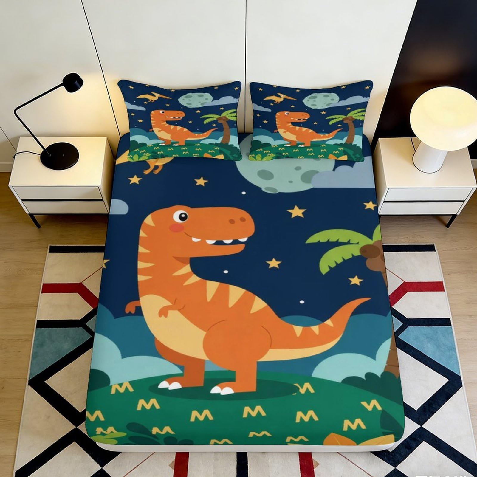Jqzkxnhpbr Style-8 3D Printed Orange Dinosaur Fitted Sheet Microfiber Soft Breathable Cartoon T-Rex Bed Cover For Bedroom Guest Room Decor 90X200x25cm
