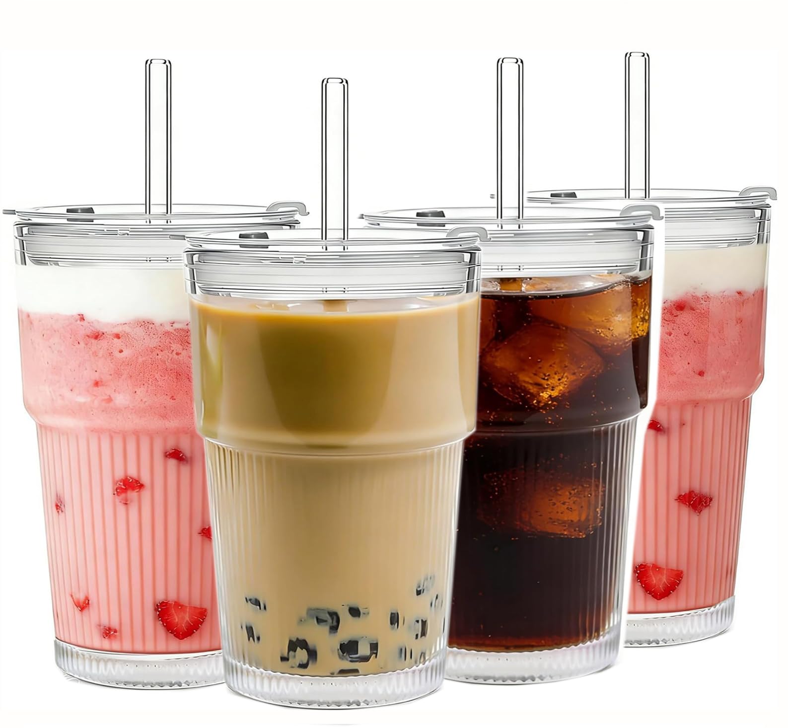 Lot de 4 gobelets en verre de 473,6 g avec couvercles et pailles transparents