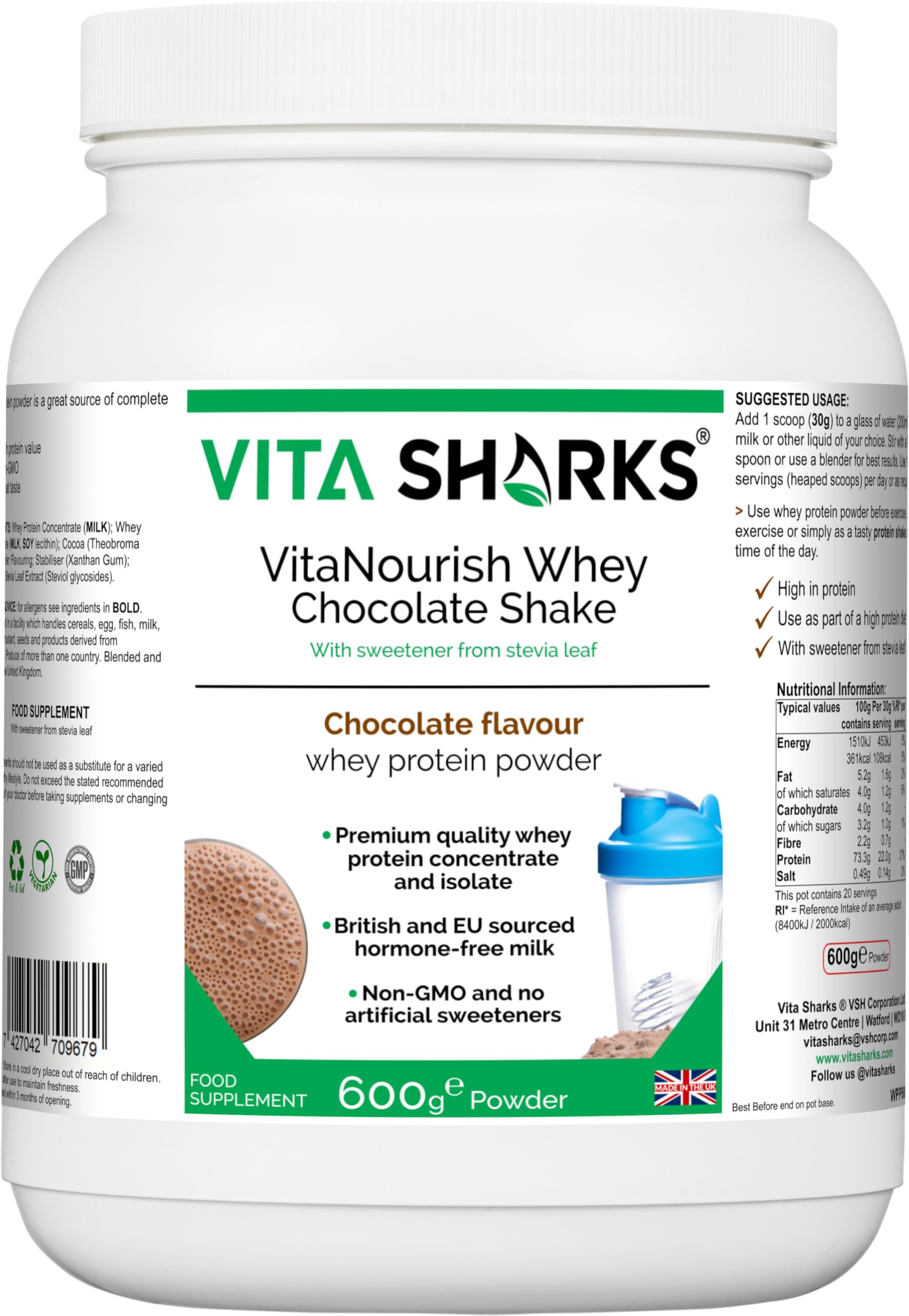 VitaNourish Chocolate Whey Protein Shake - Plant-Based Powder for Muscle Growth, Bone Support, & Appetite Management