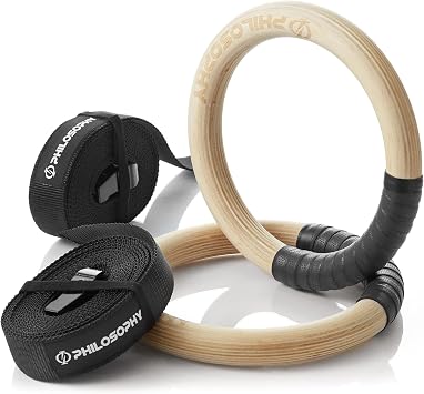 Philosophy Gym Wood Gymnastic Rings 1" or 1.25" Grip with Adjustable Straps and Grip Tape for Pull Ups, Dips, Muscle Ups