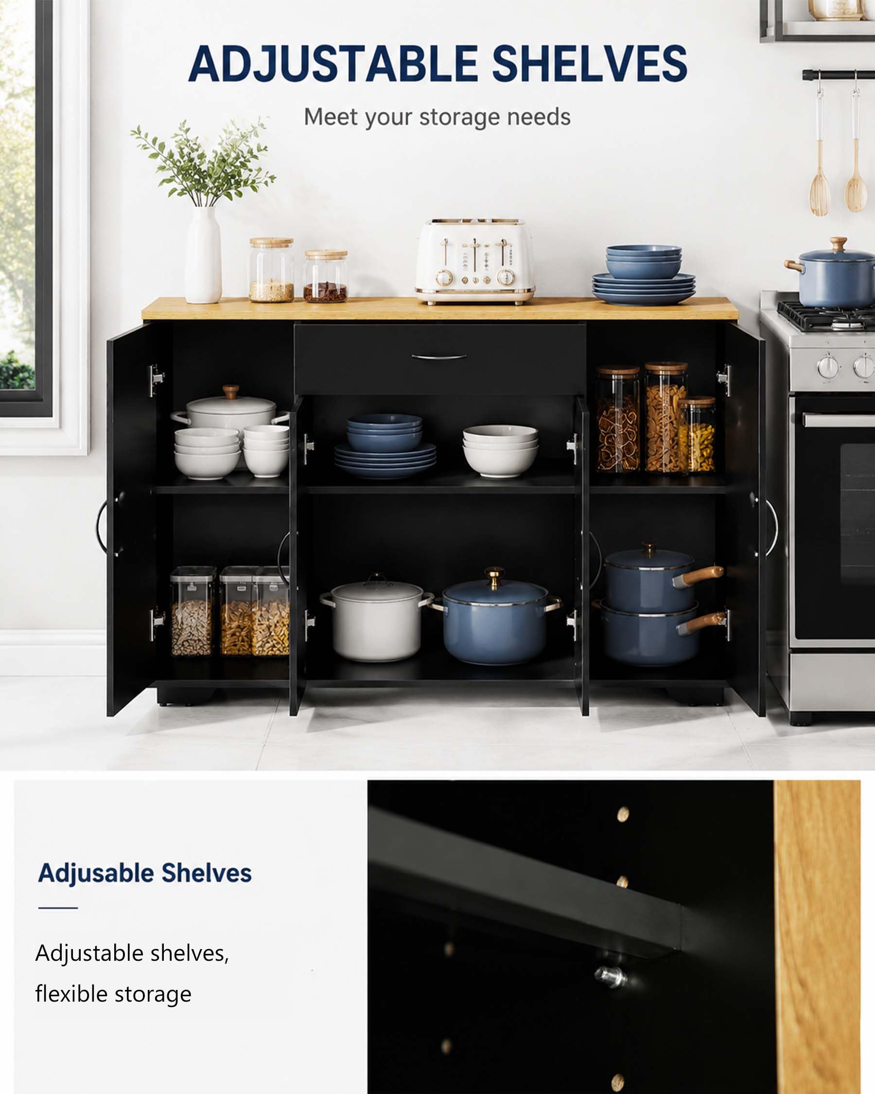 hitsuki Armoire de cuisine avec plan de travail, commode de cuisine, noire, 110 x 30 x 70 cm, avec tiroir et 4 portes, armoire de cuisine, buffet étroit avec espace de rangement, pour cuisine, salle à