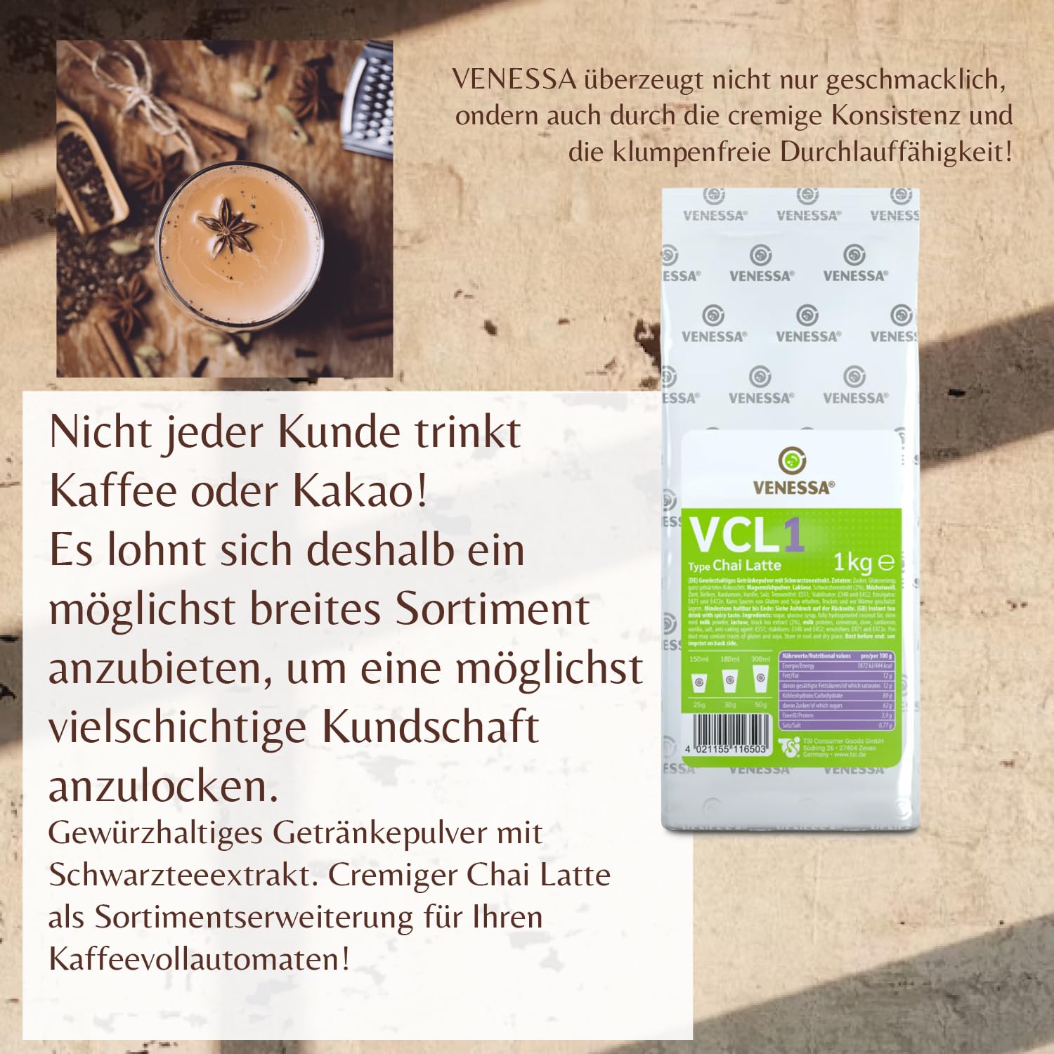VENESSA VCL1 Chai Latte 20 x 1 kg ekonomiczne opakowanie – wysokiej jakości herbata mleczna w proszku do automatów Vending, wysoka wydajność, rozpuszczalna, w woreczku chroniącym aromat