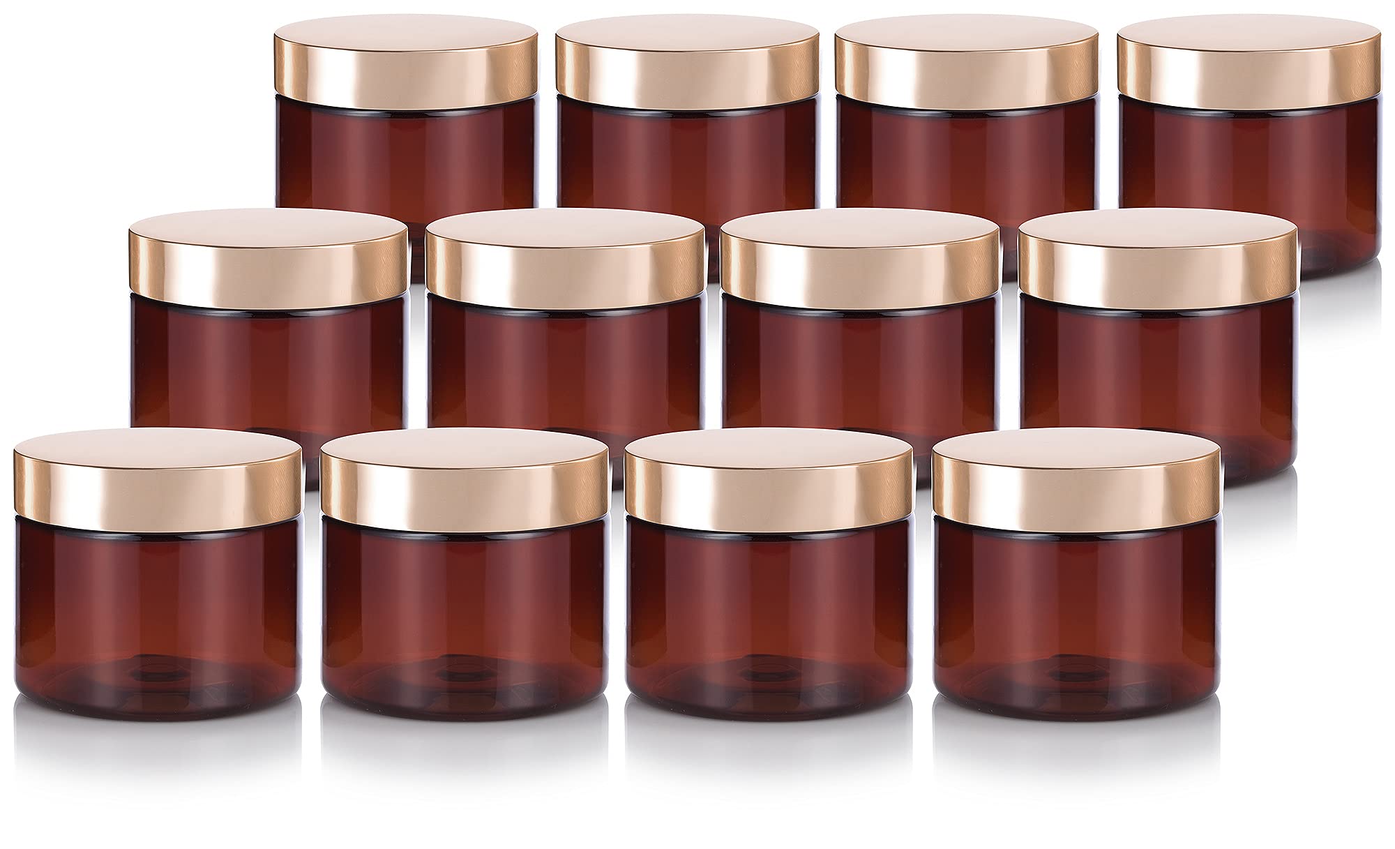 JUVITUSAmber PET Plastic (BPA Free) Refillable Jar with Gold Metal Overshell Lid - 6 oz (12 Pack)