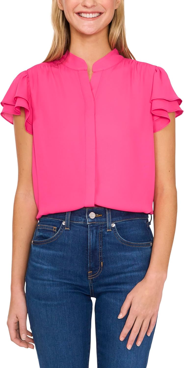 CeCe Womens Double Flutter Short Sleeves Hidden Placket Blouse