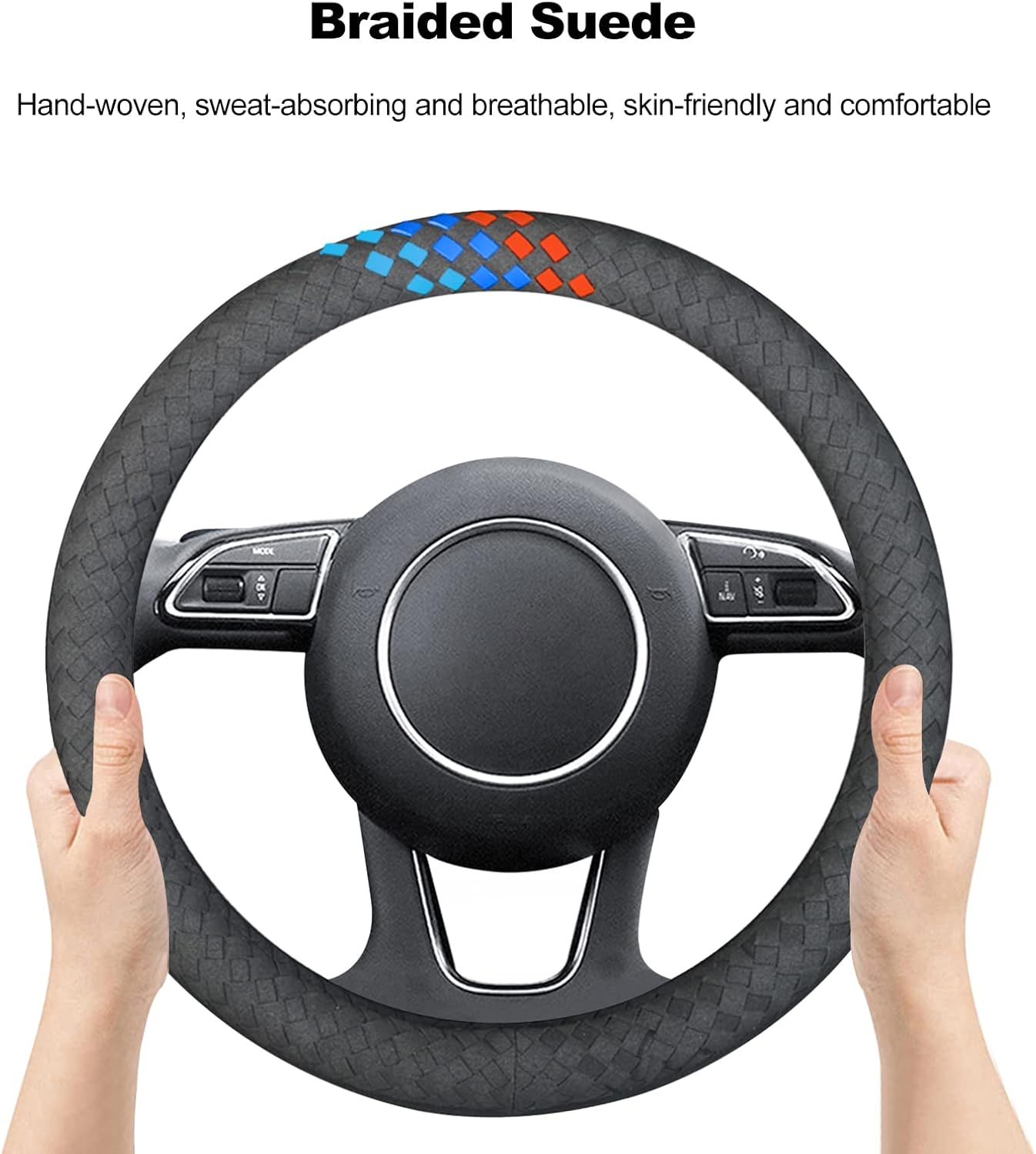 Ergocar Braided Steering Wheel Cover Round Shape Microfiber Suede Winter Warm Sport Car Steering Wheel Protector Anti-Slip Breathable Fashionable 38cm(15"), U-Blue-Red